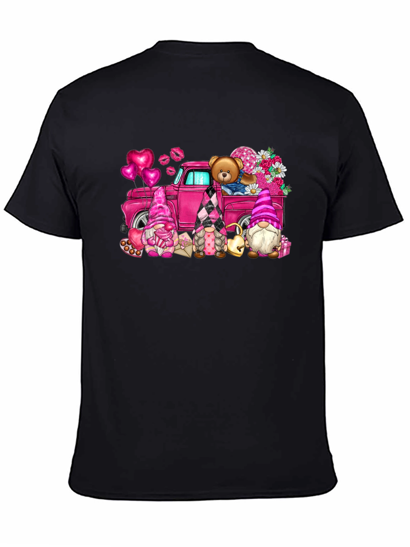 Black Valentine's Day Gnomes Truck T-Shirt view 4