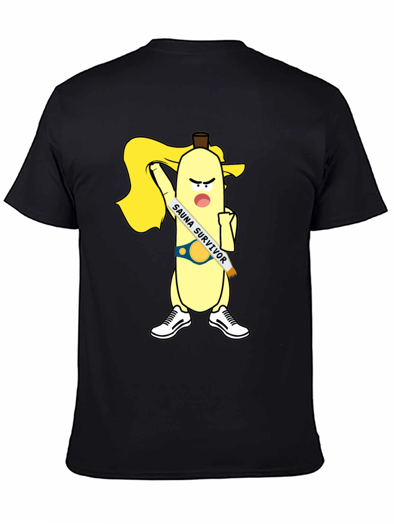 Black Sauna Survivor Banana Cartoon Tee view 4