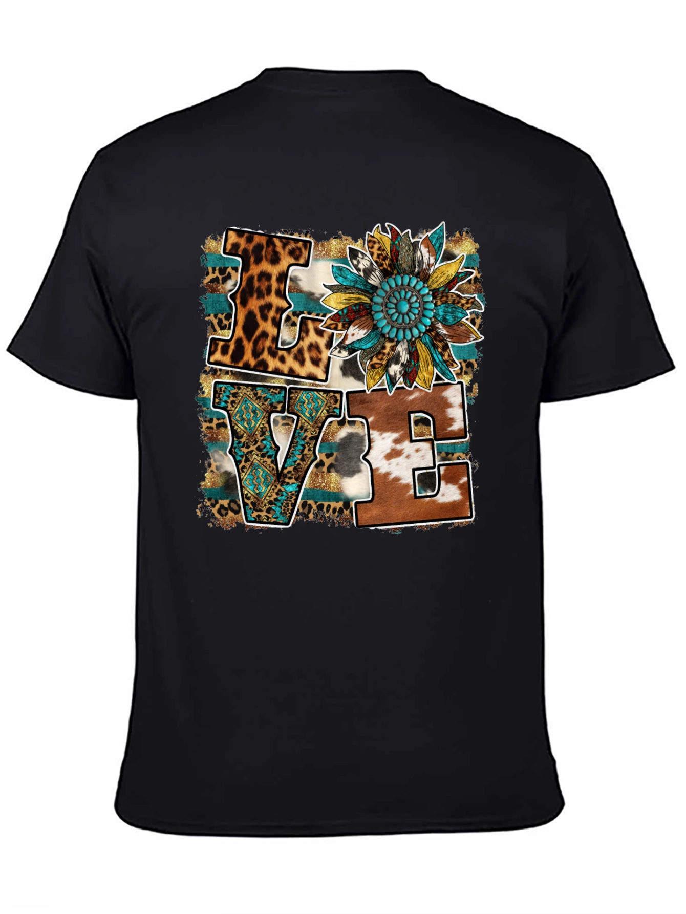 Black Western LOVE Graphic Tee - Leopard, Cowhide, Turquoise view 4