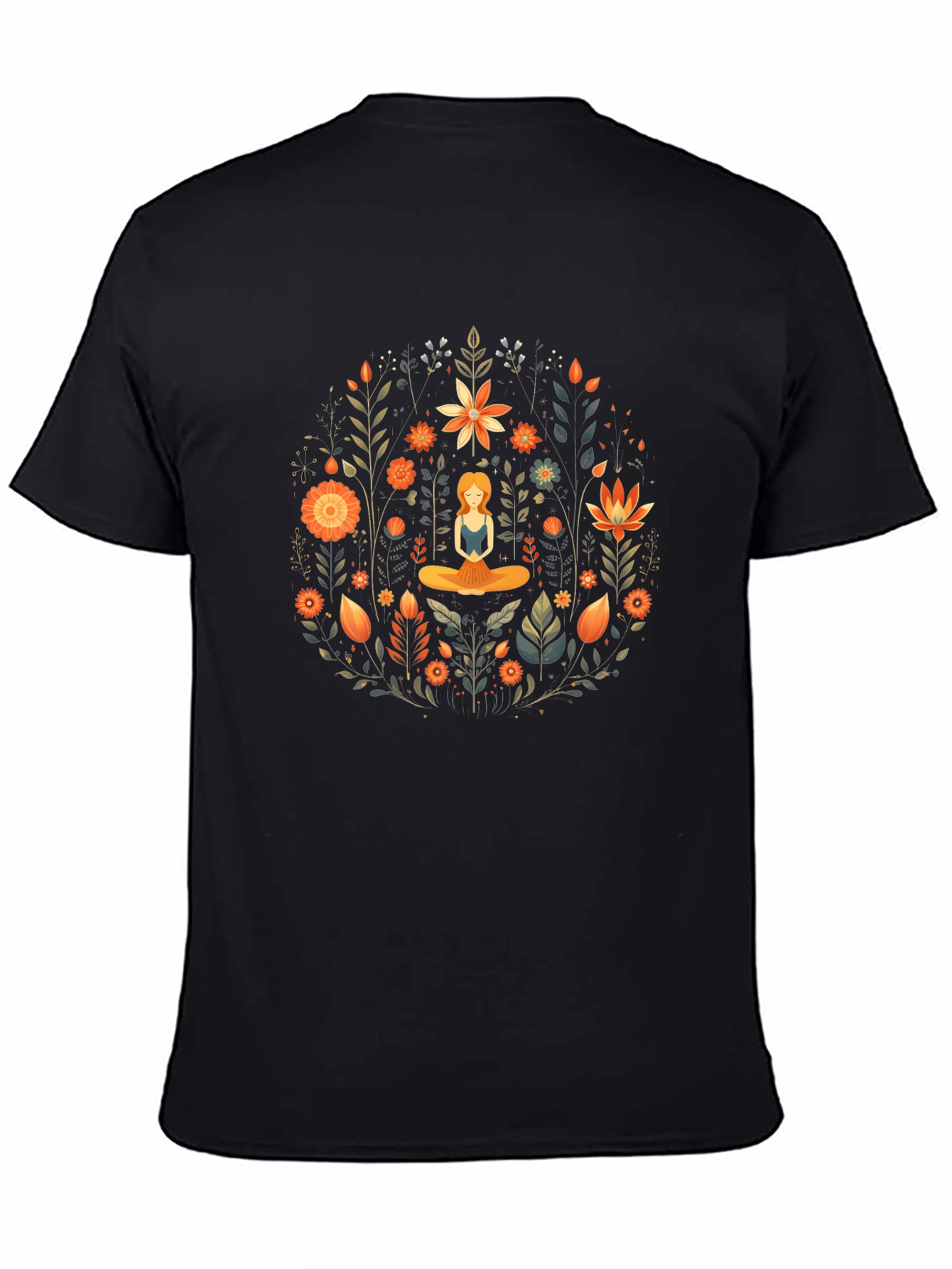 Black Yoga Meditation Floral Design Black T-Shirt view 4