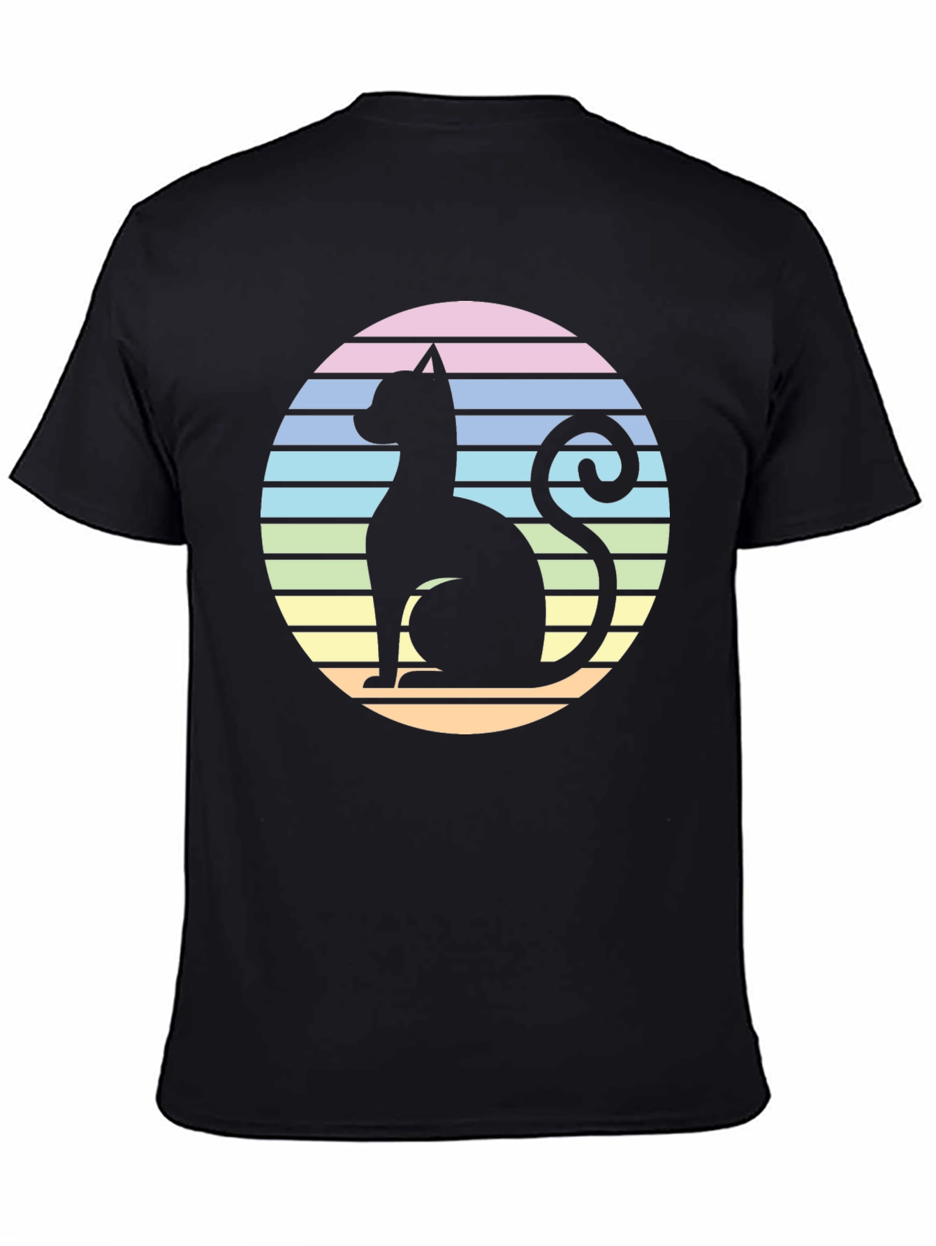 Black Retro Cat Silhouette T-Shirt - Striped Circle Design view 4
