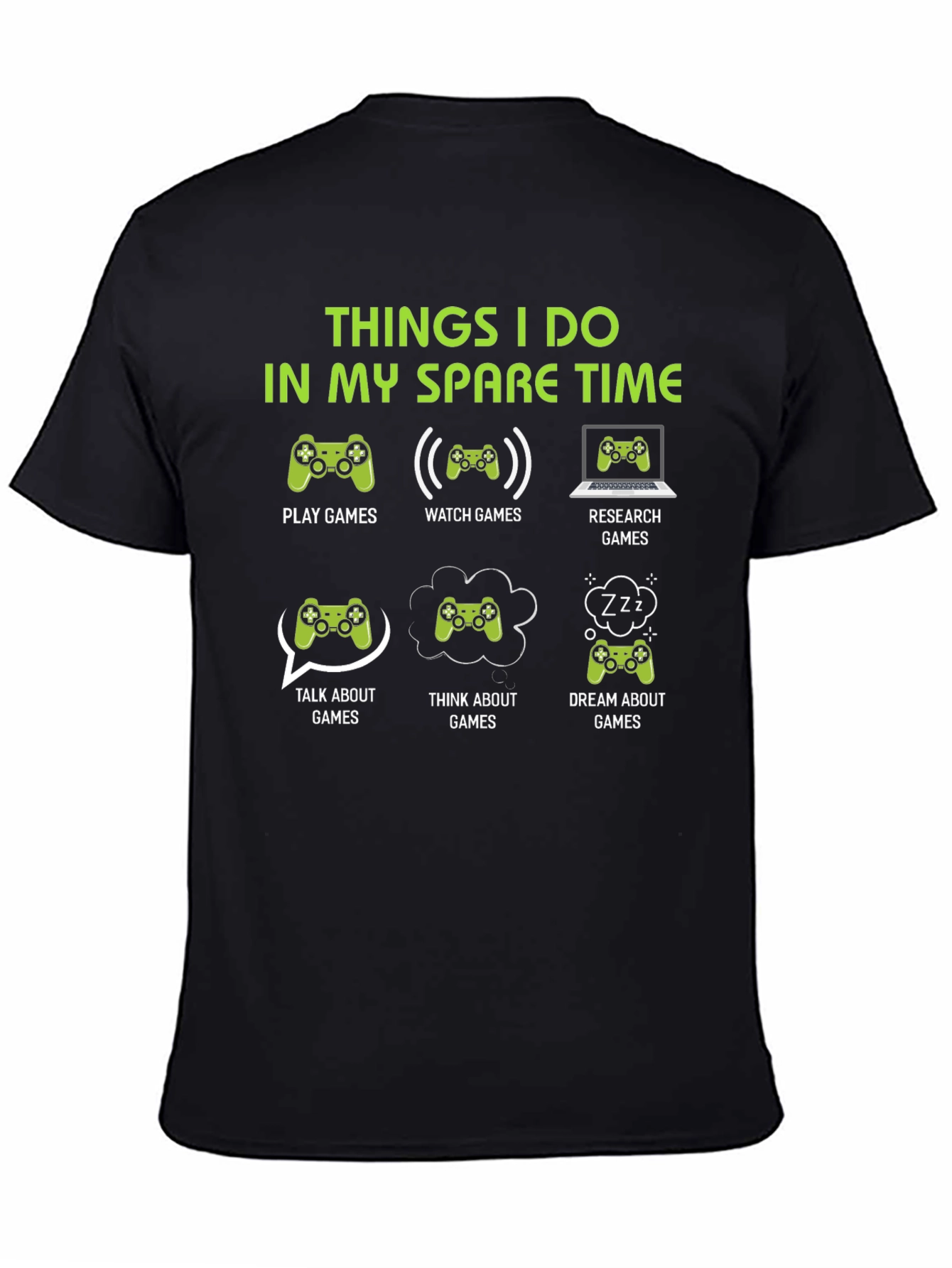 Black Gamer Spare Time T-Shirt - Play, Watch, Research Games view 4