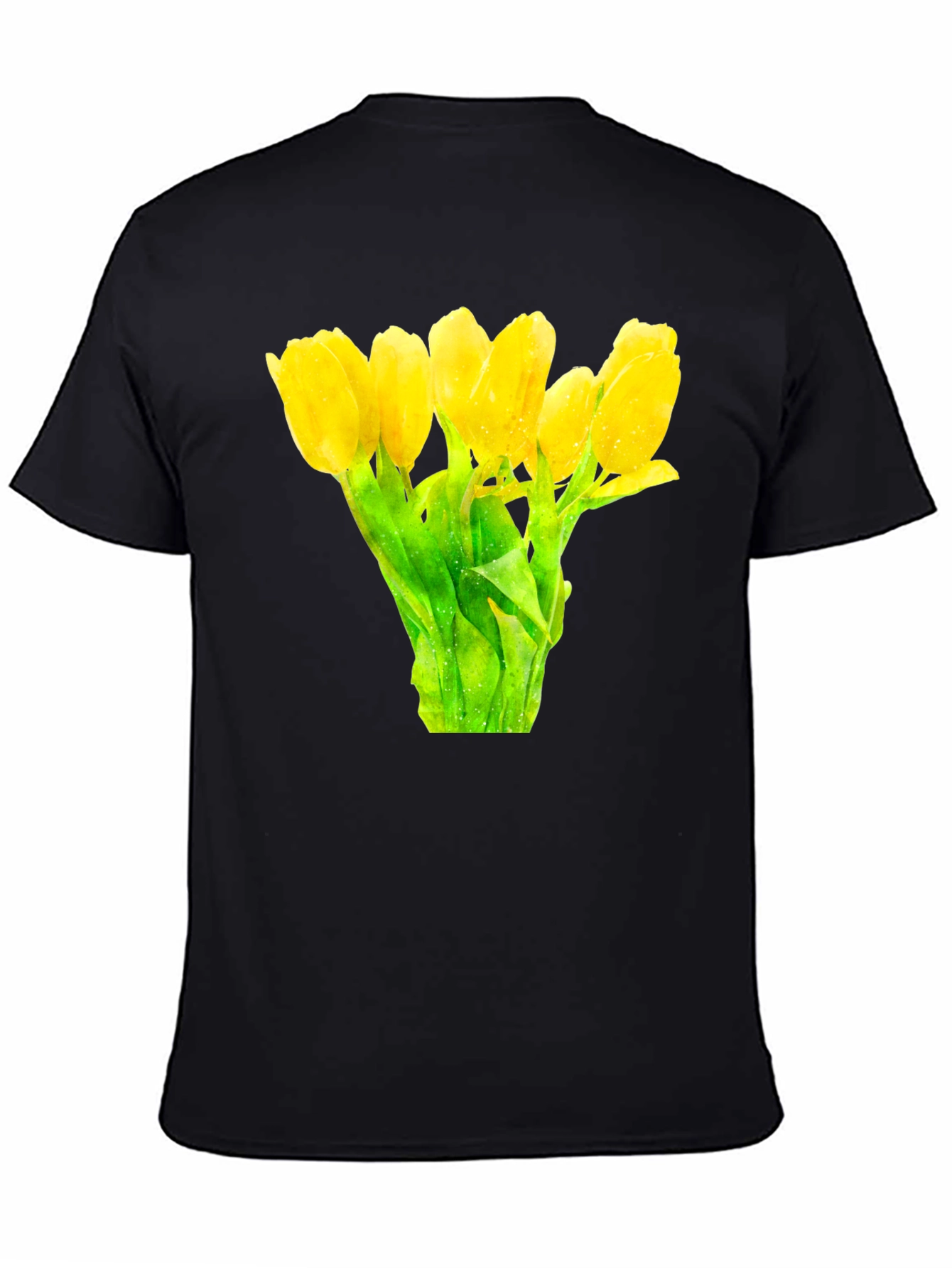 Black Floral Print Black T-Shirt -  Yellow Tulips view 4