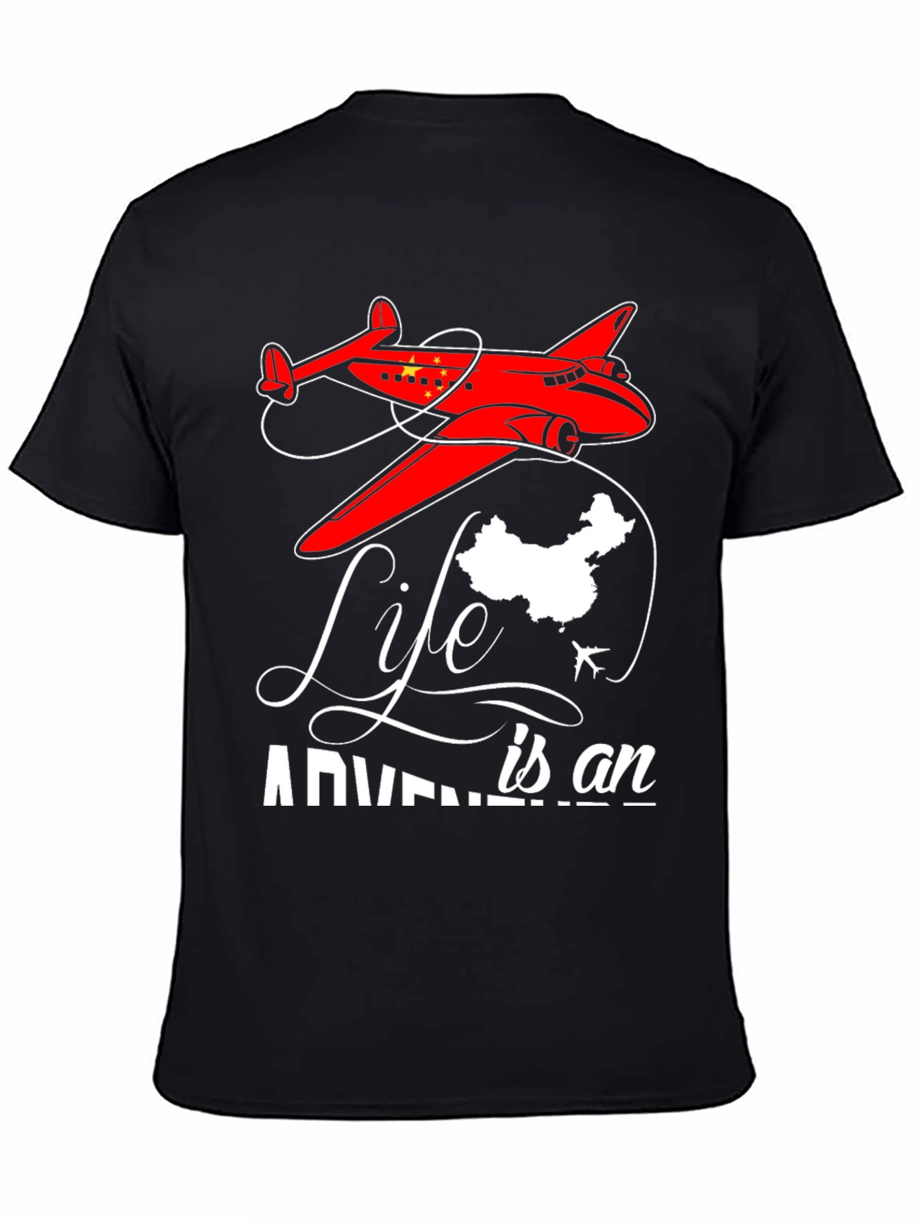 Black Adventure Life China Airplane Graphic T-Shirt view 4