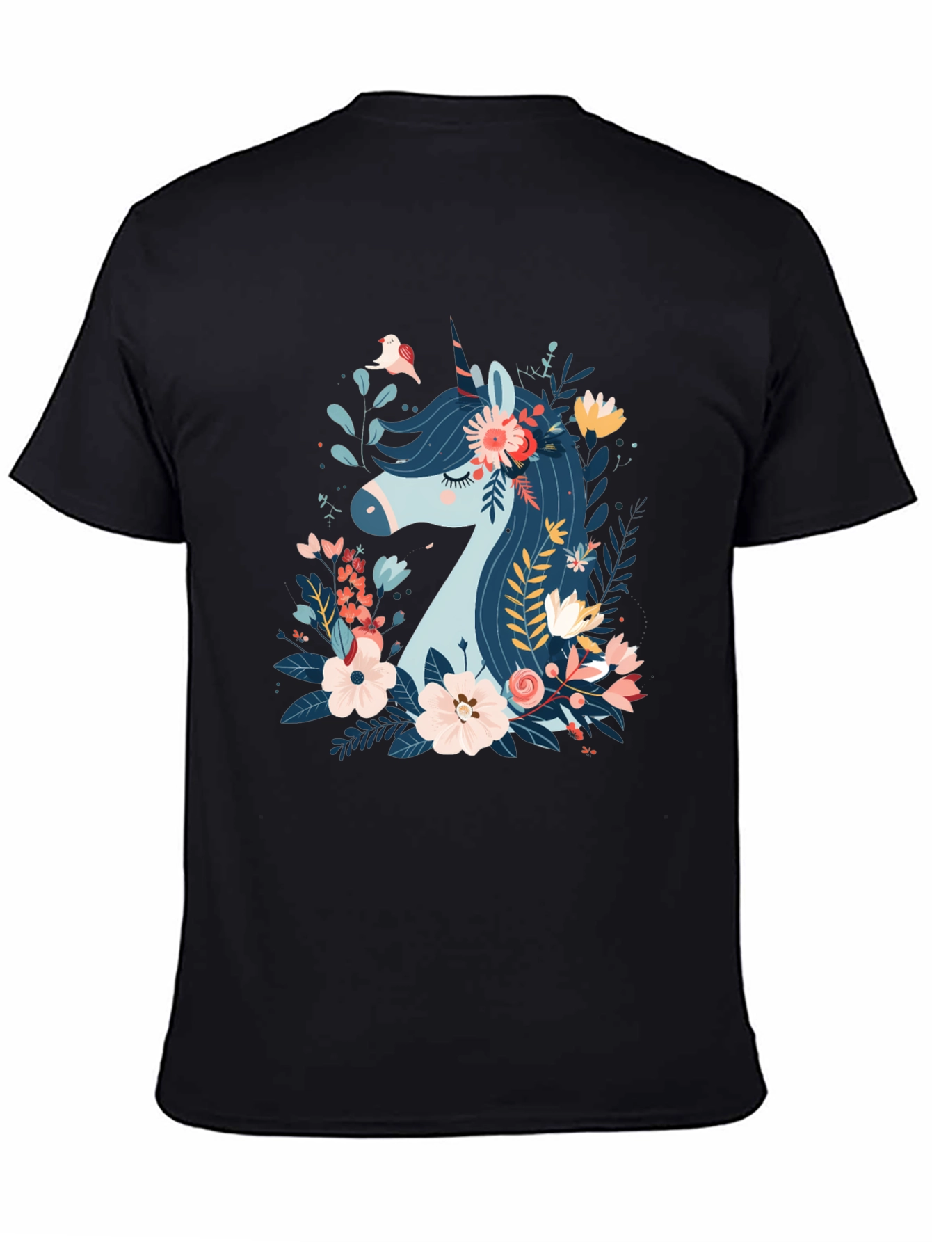 Black Floral Unicorn Graphic Print Black T-Shirt view 4