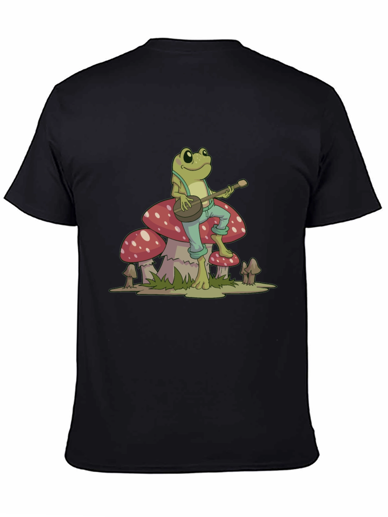 Black Frog Playing Banjo on Mushroom Graphic Tee view 4