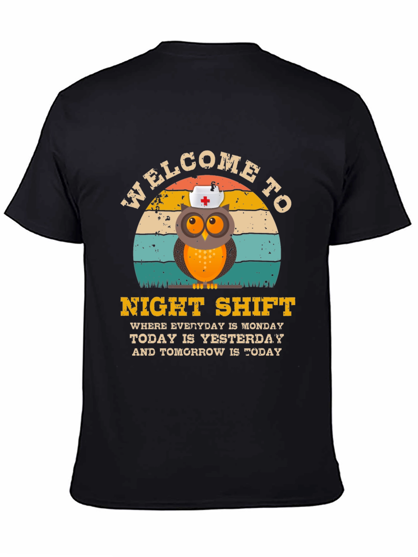 Black Night Shift Nurse Owl T-Shirt view 4