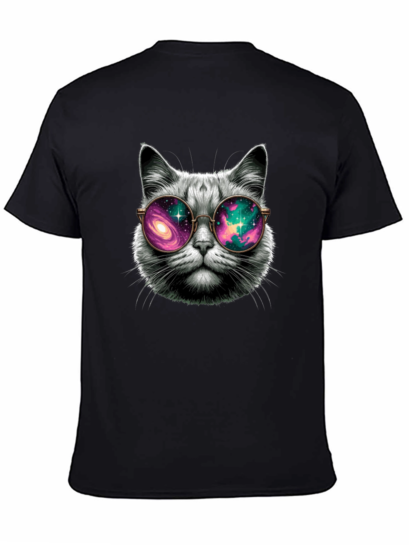 Black Cool Cat Galaxy Glasses T-Shirt view 4