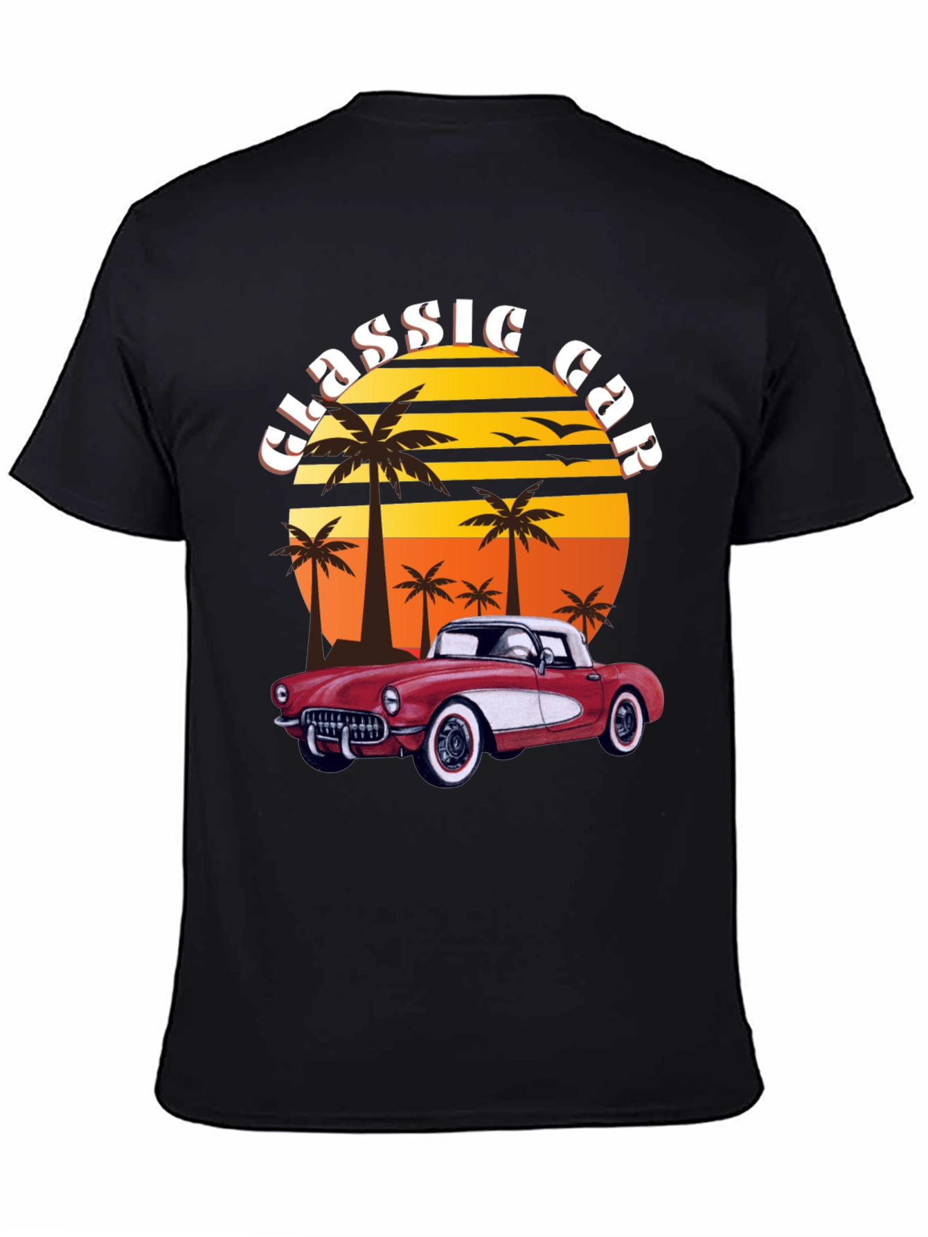 Black Classic Car T-Shirt - Retro Sunset Design view 4