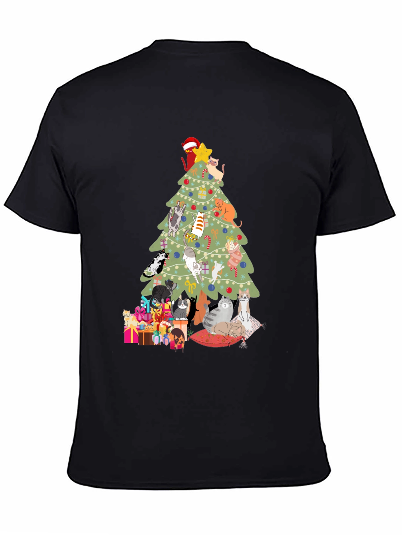 Black Cat Christmas Tree T-Shirt Holiday Tee view 4