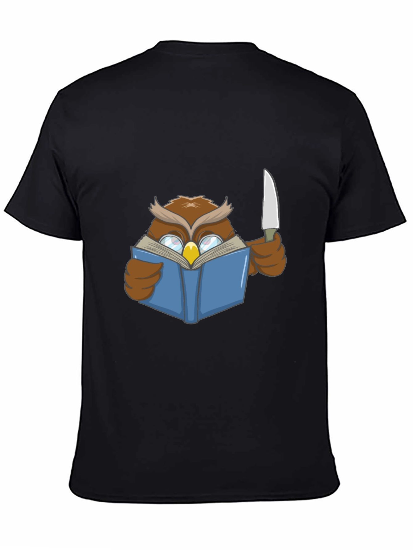 Black Owl Reading Book With Knife T-Shirt view 4