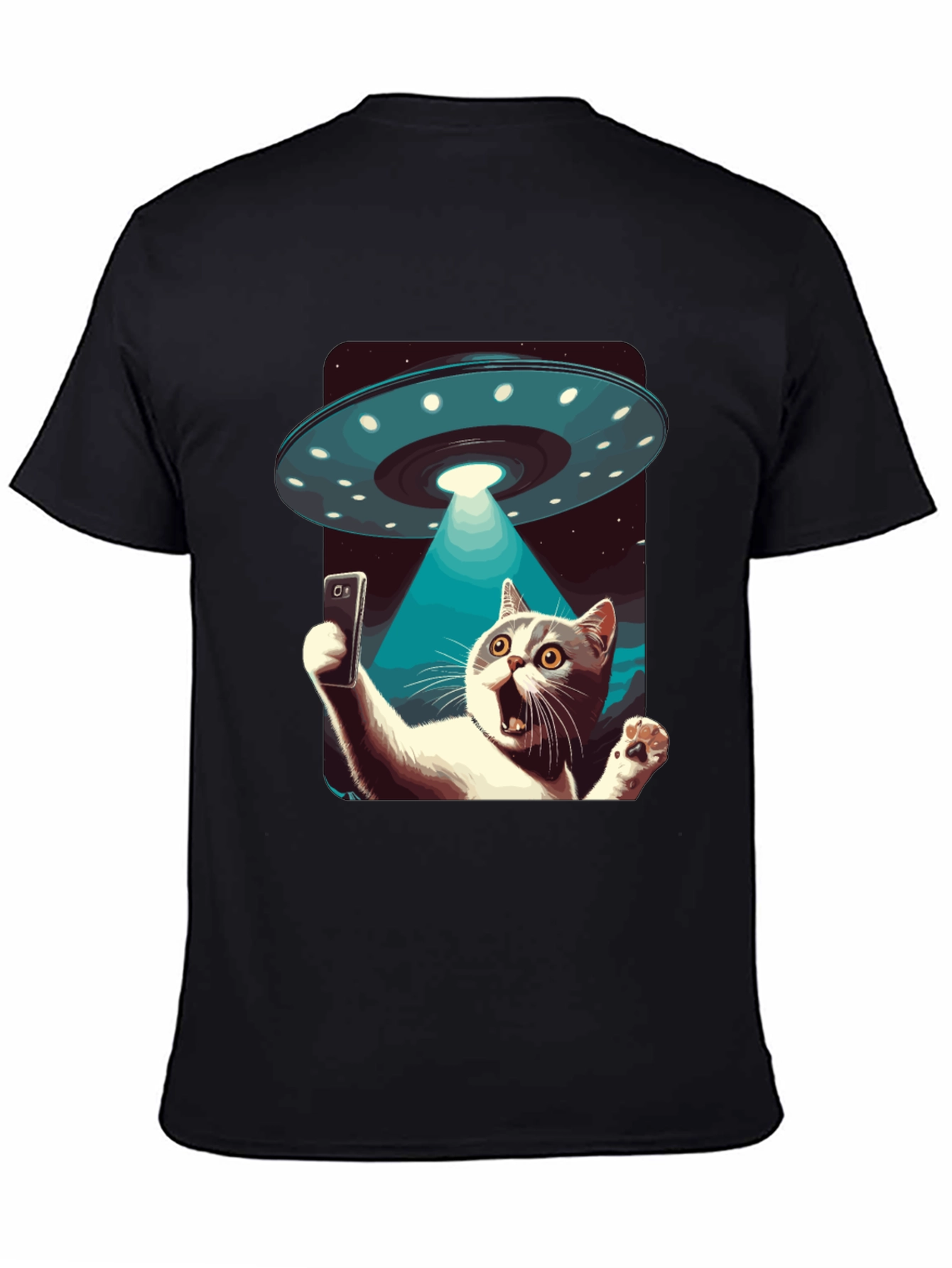 Black Alien Abduction Cat Selfie T-Shirt view 4