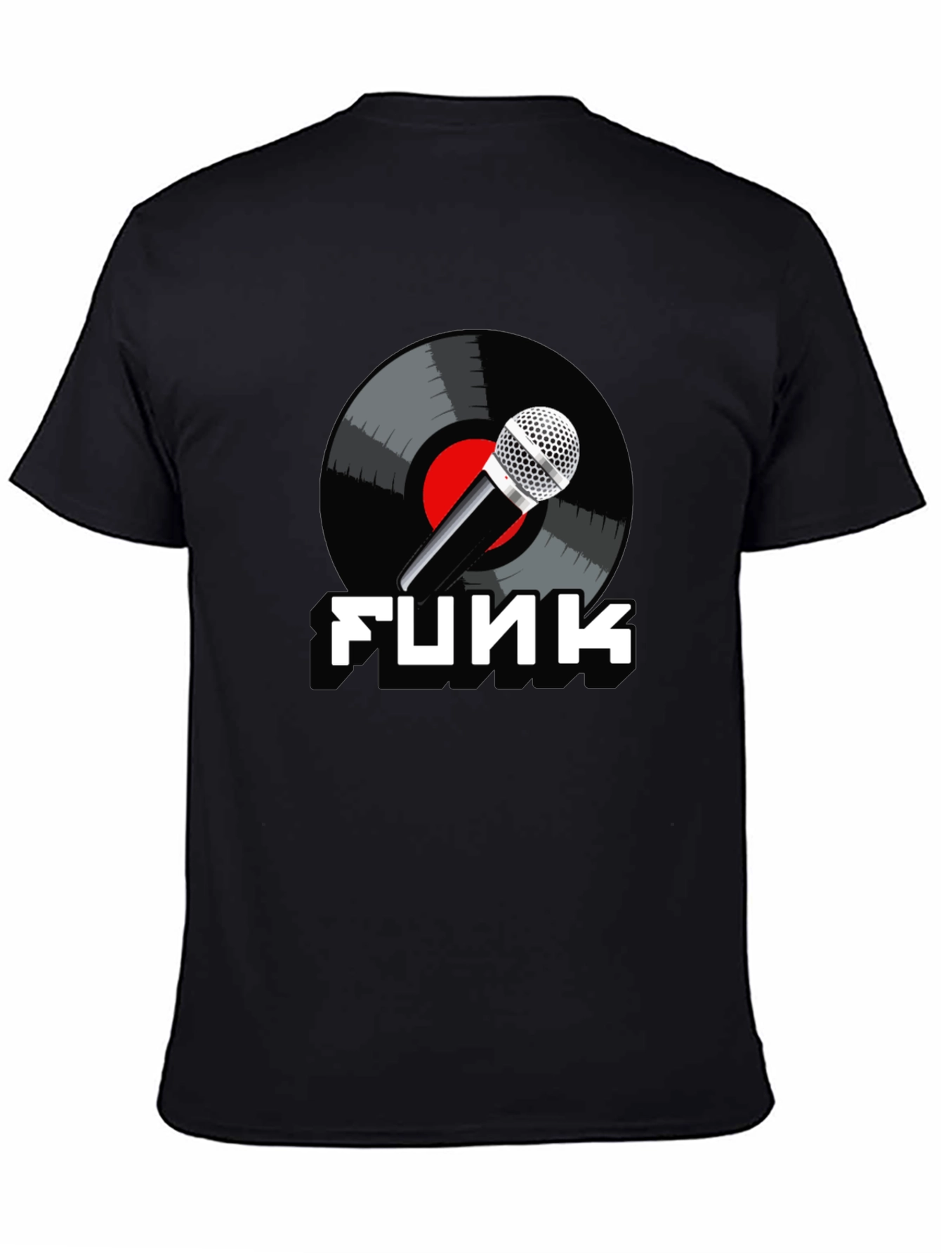 Black Funk Music T-Shirt with Microphone and Vinyl Record Design view 4