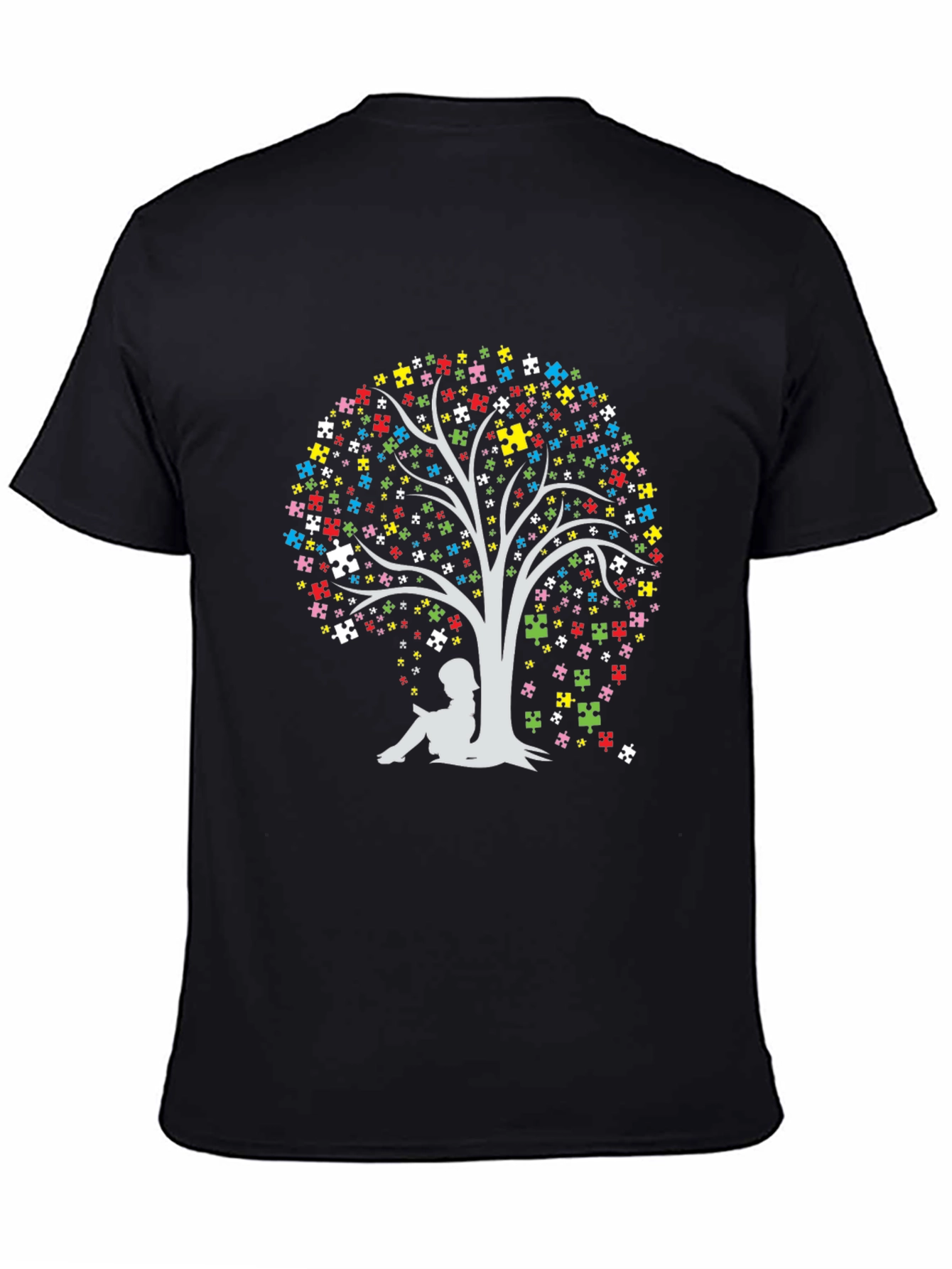 Black Autism Awareness Puzzle Tree T-Shirt view 4