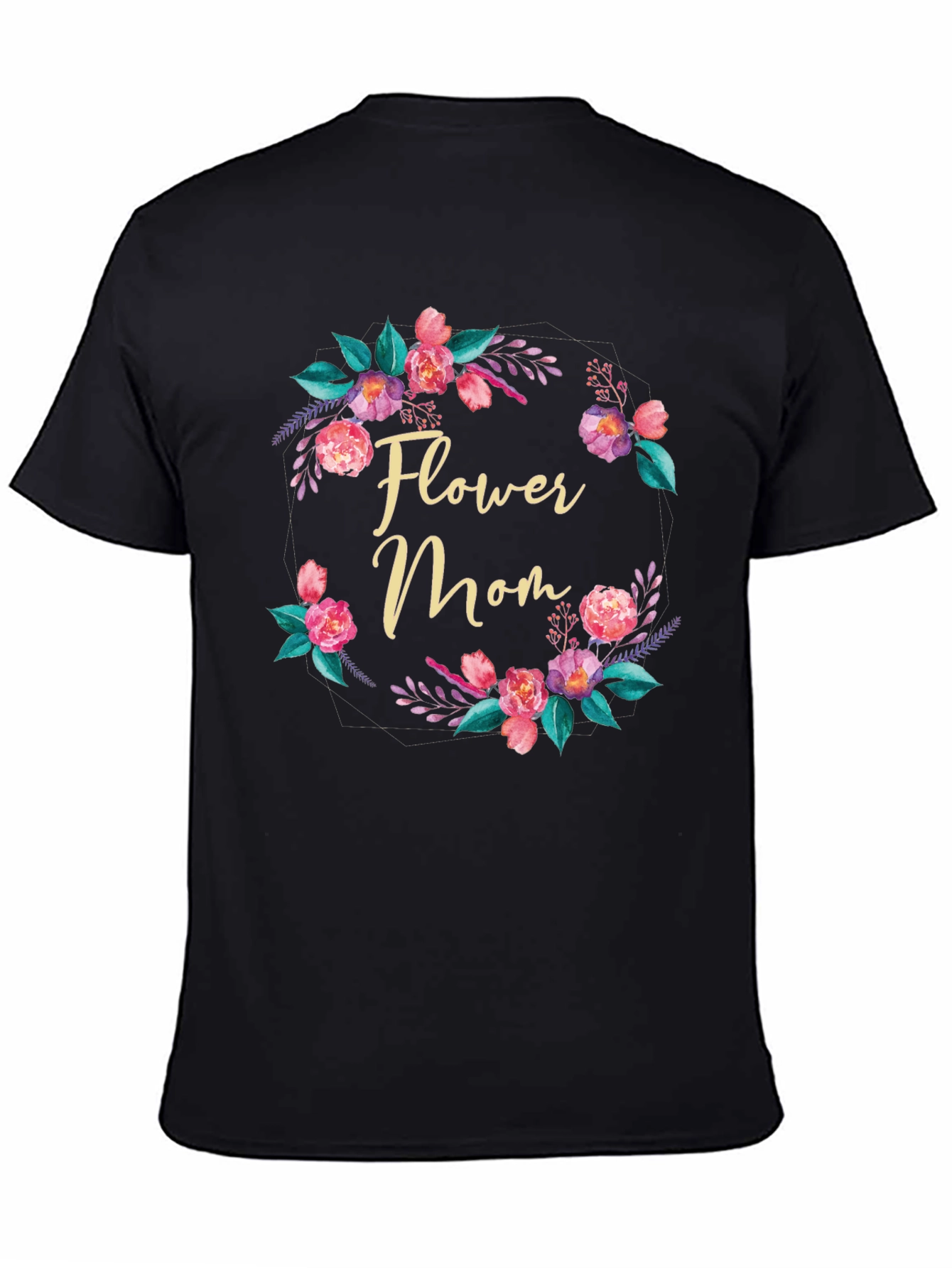 Black Flower Mom T-Shirt - Floral Wreath Design view 4