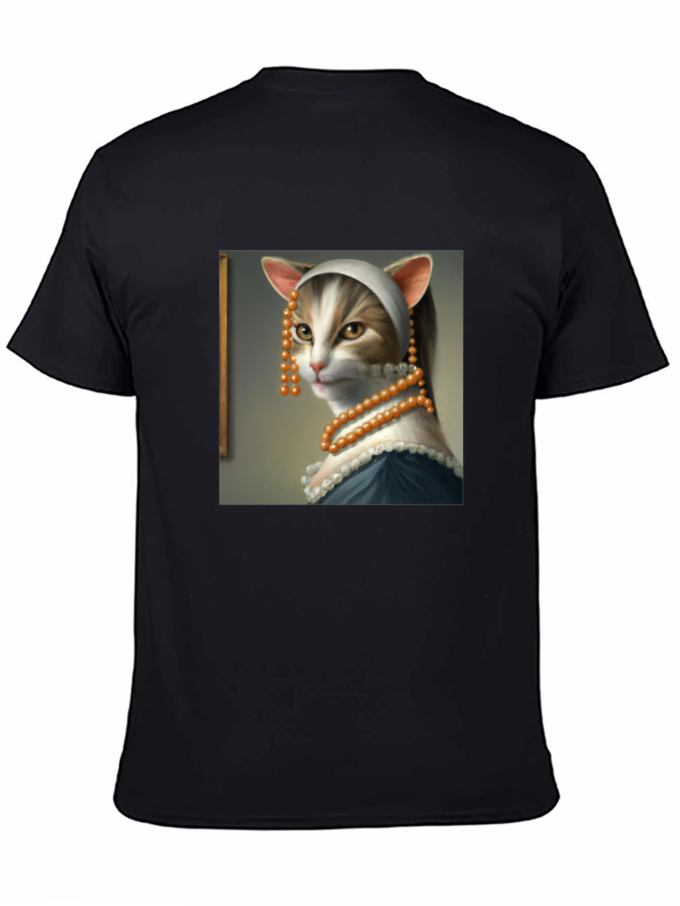 Black Cat with a Pearl Earring T-Shirt - Funny Art Tee view 4