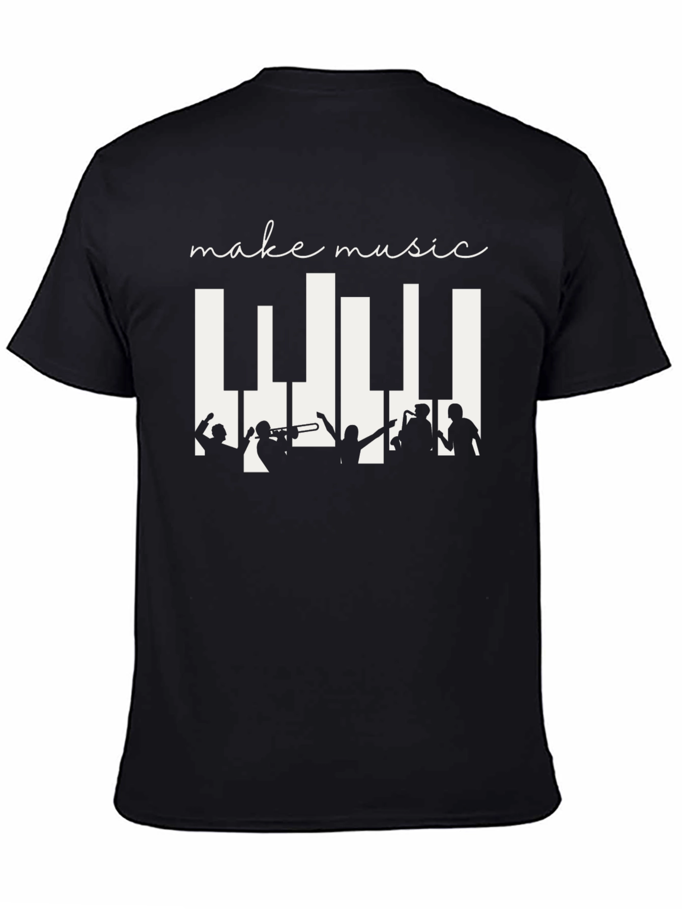 Black Make Music Black T-Shirt - Band Silhouette & Piano Keys Design view 4