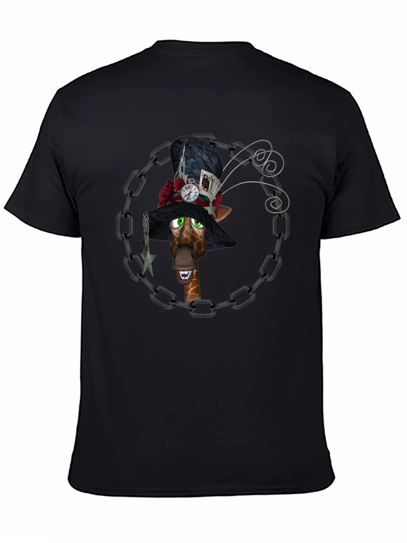Giraffe Mad Hatter T-Shirt, Black Cotton Tee - 4