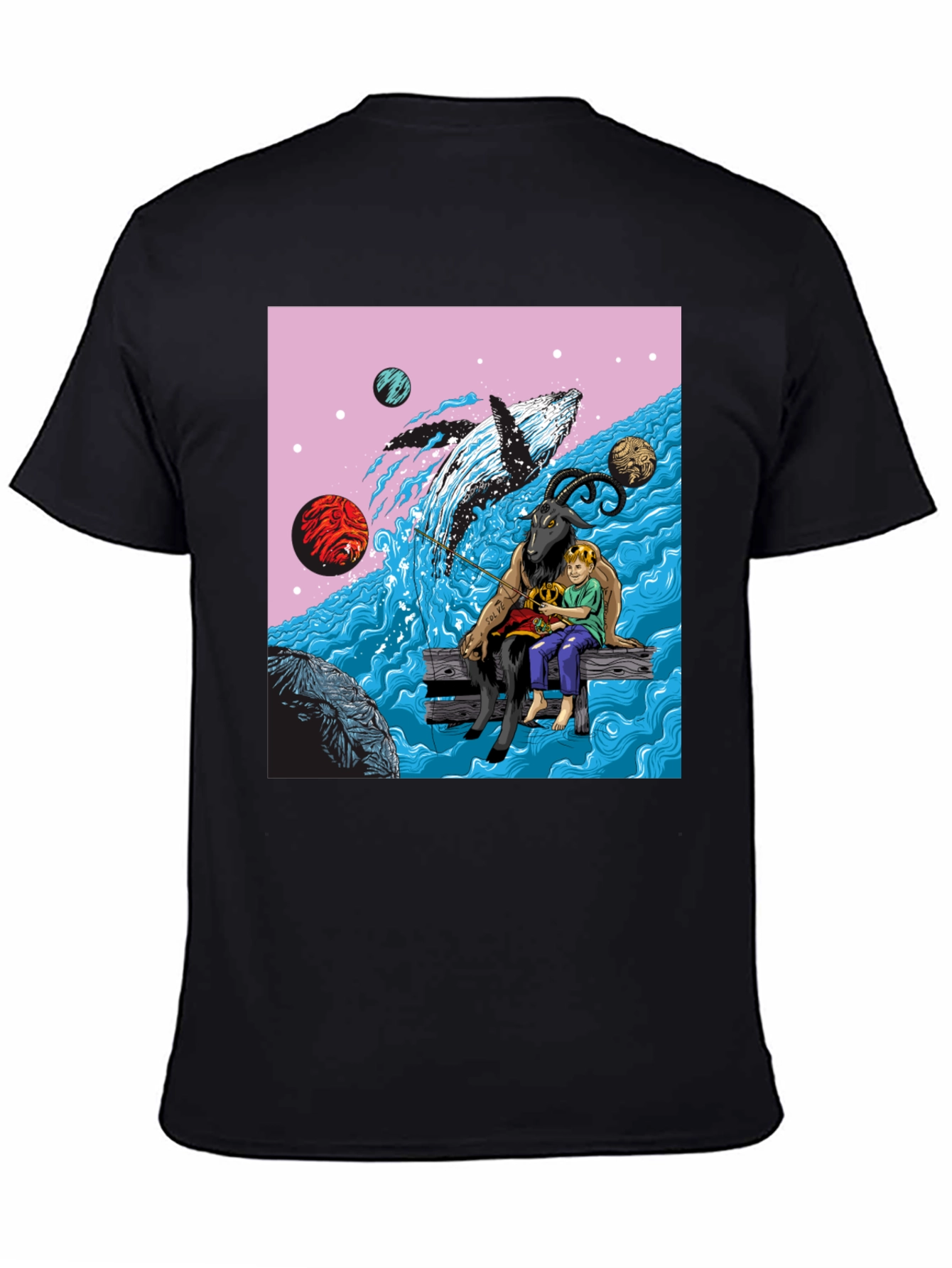 Black Whimsical Goat, Boy, and Whale Graphic Tee view 4