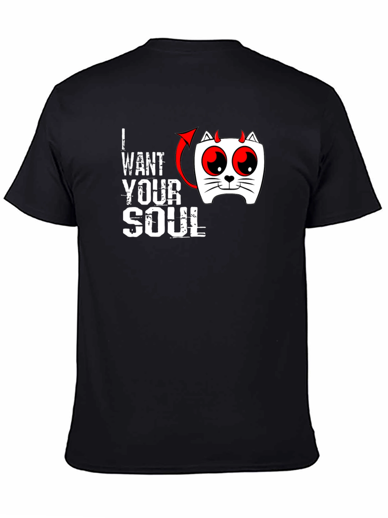 I Want Your Soul Cat Devil Graphic Black T-Shirt - 4