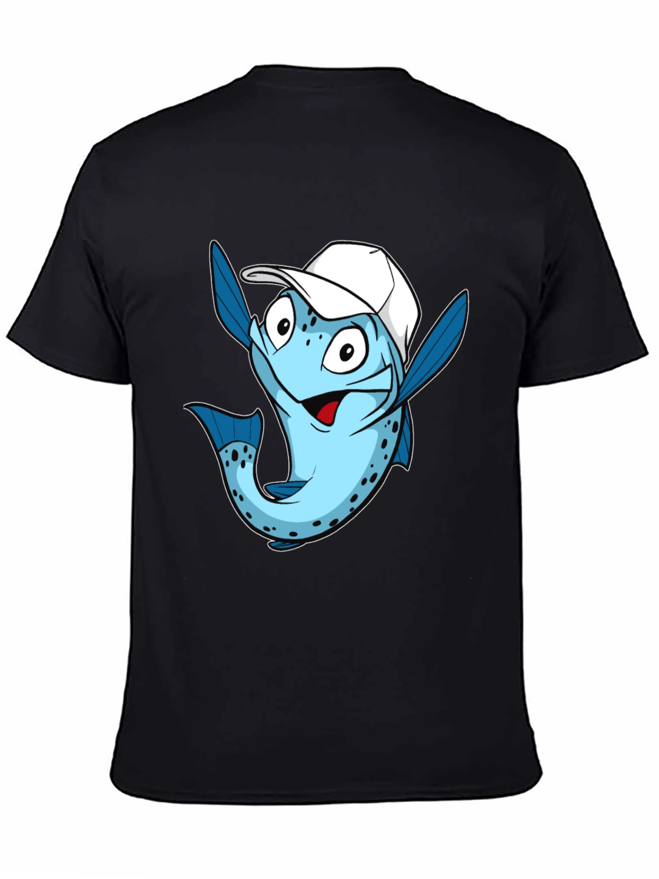 Black Funny Fish with Cap Graphic Tee - Black Cotton T-Shirt view 4