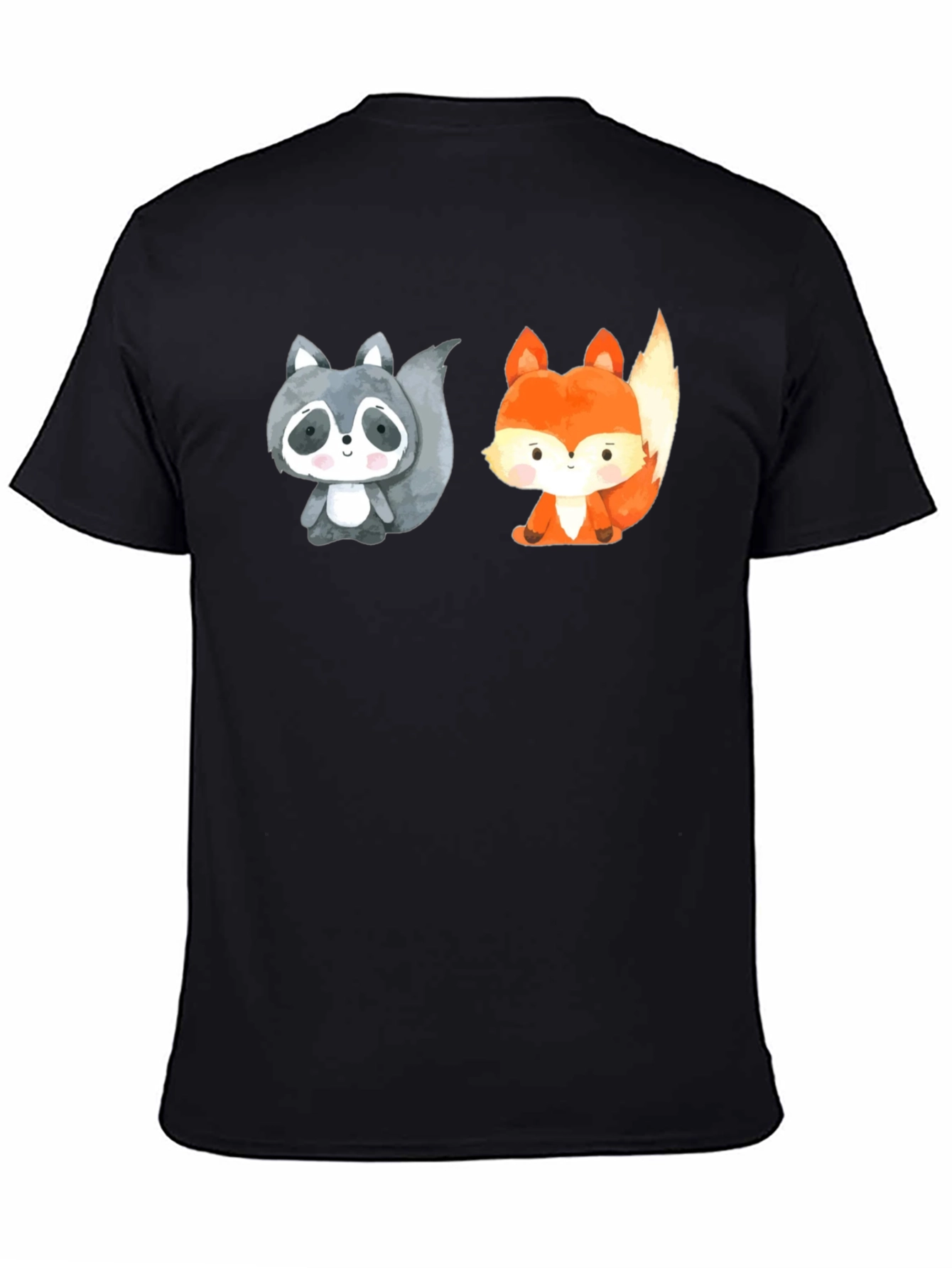 Black Cute Cartoon Animal Tee: Raccoon & Fox Black Shirt view 4