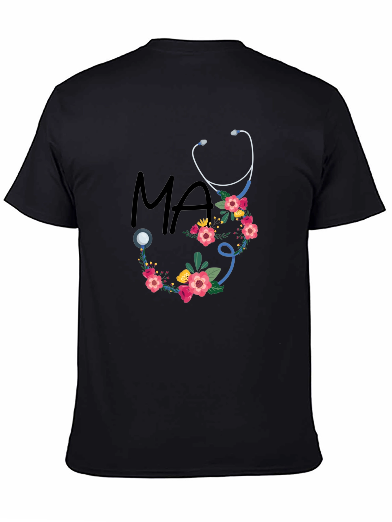 Black Floral Stethoscope MA T-Shirt - Medical Assistant Style view 4
