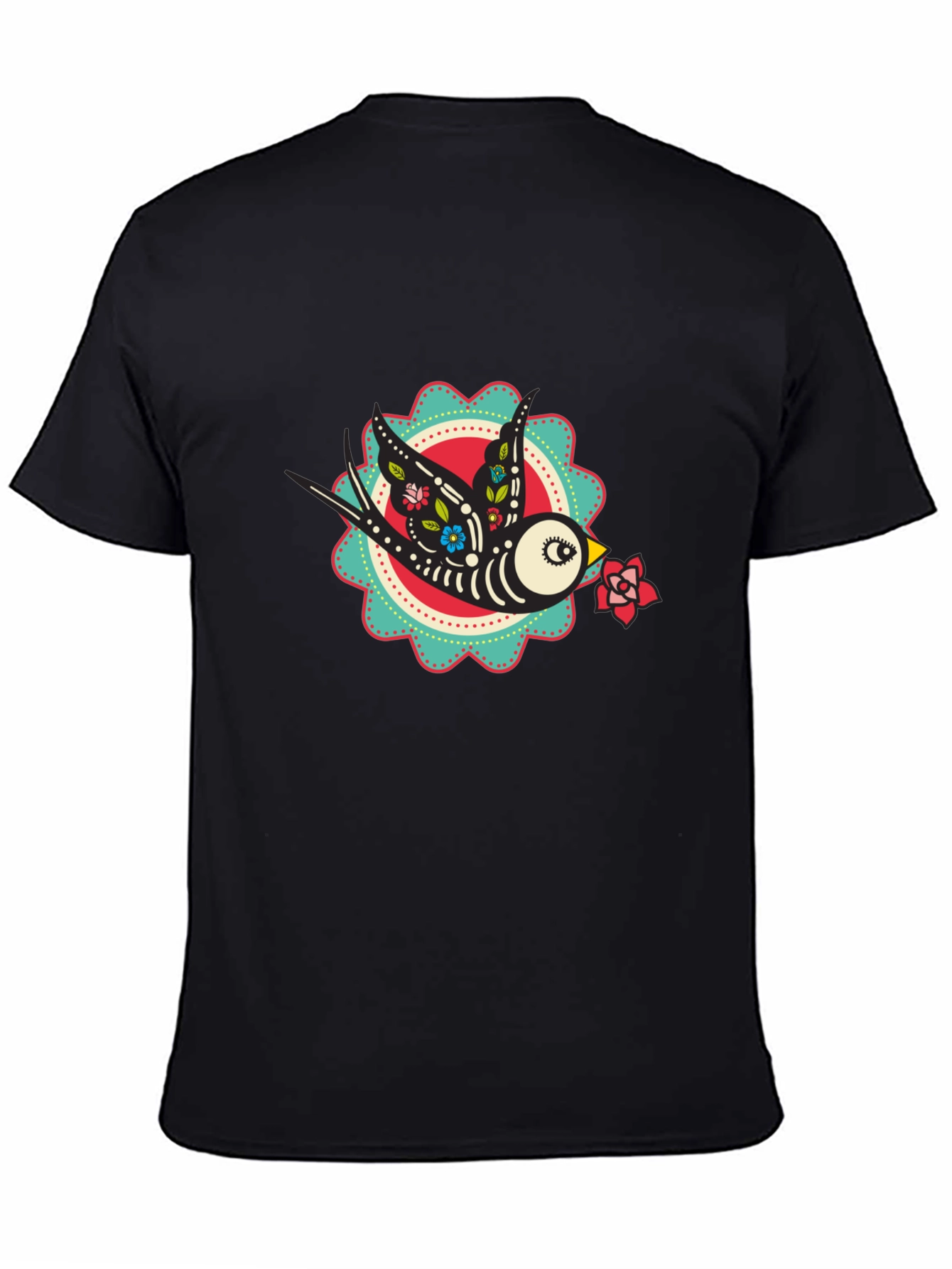 Black Day of the Dead Bird Graphic Tee - Black Cotton T-Shirt view 4