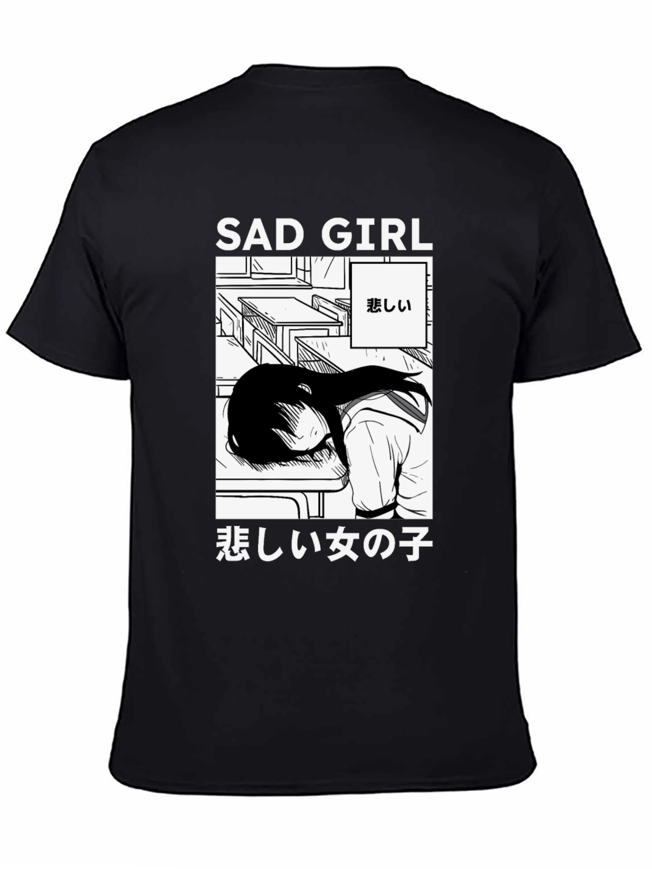 Black Sad Girl Anime Graphic T-Shirt - Unisex view 4