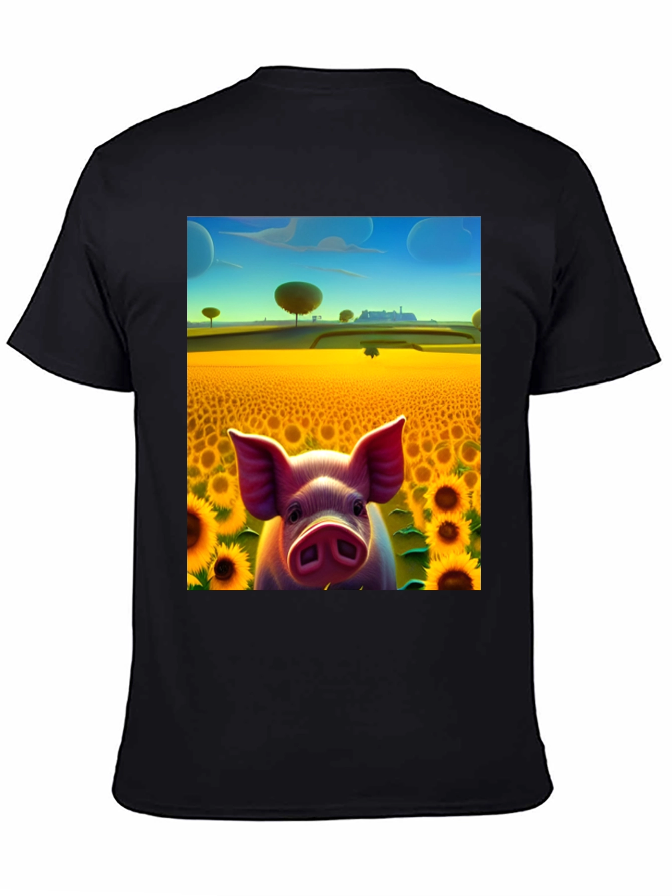 Black Pig in Sunflower Field Graphic Tee view 4