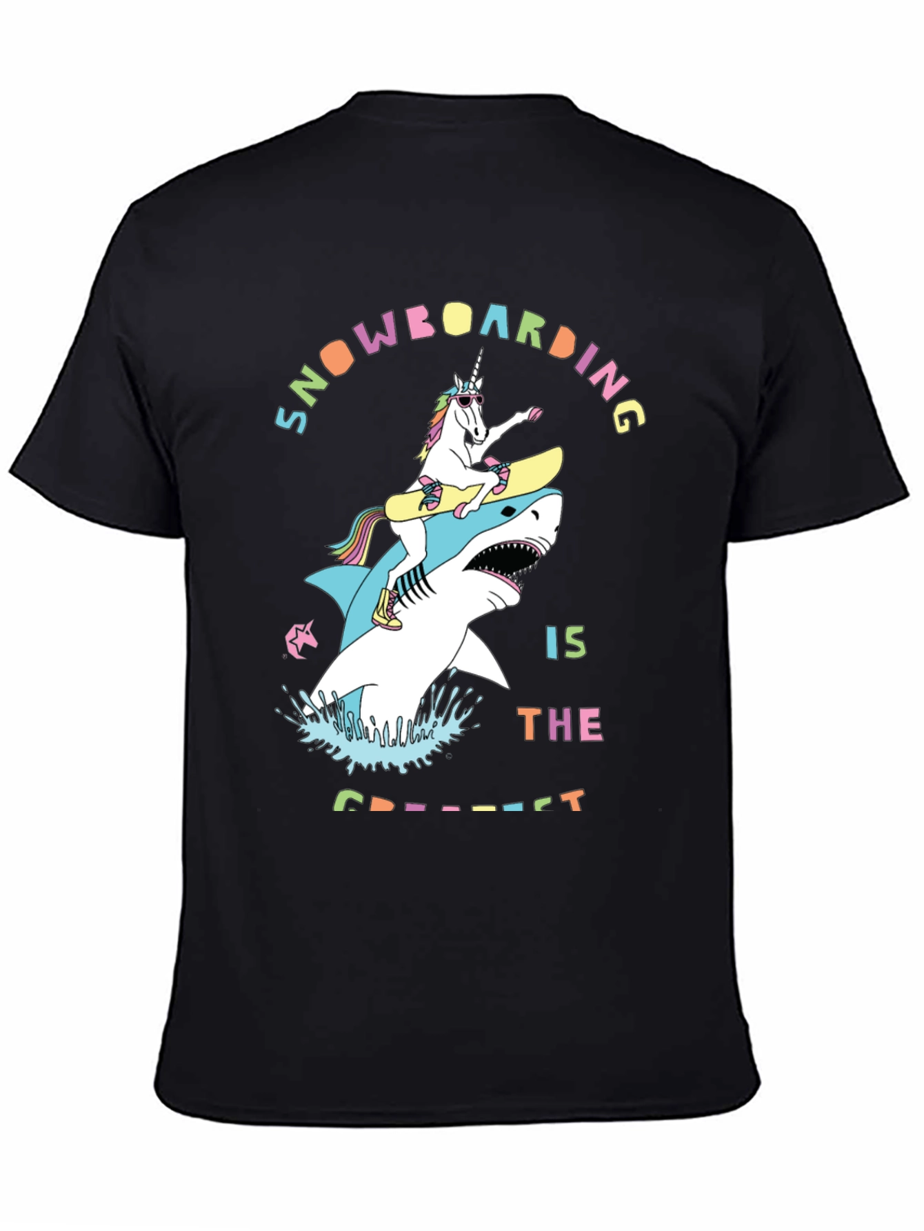 Black Snowboarding Shark & Unicorn Graphic Tee view 4