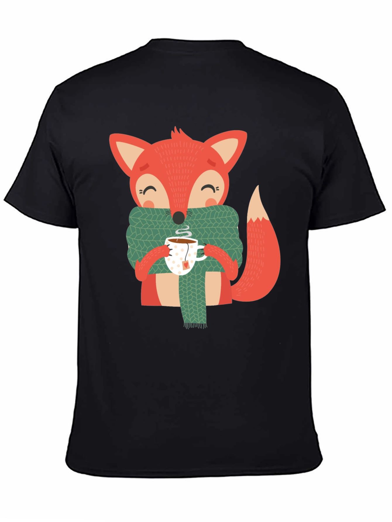 Black Cute Fox Winter Tee - Snug Scarf & Hot Tea Design view 4