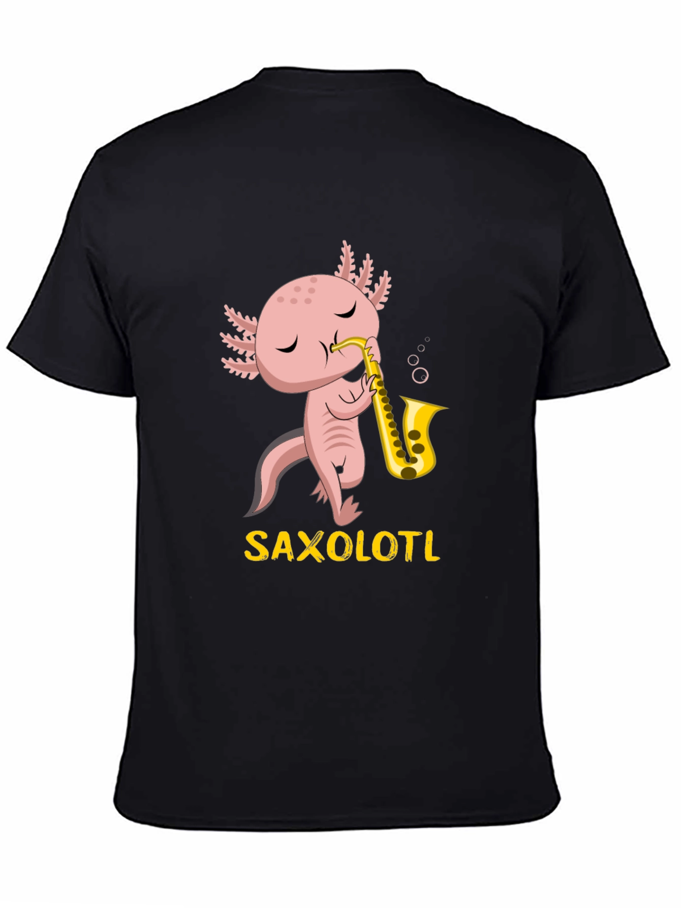 Black Saxolotl T-Shirt: Funny Axolotl Playing Saxophone Tee view 4