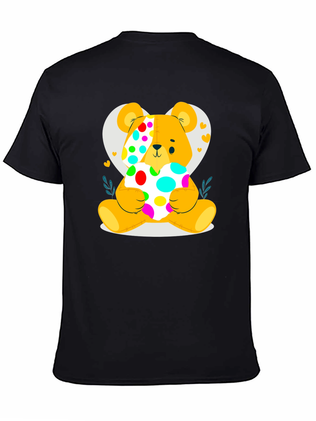 Black Cute Teddy Bear Holding a Polka Dot Heart Black T-Shirt view 4