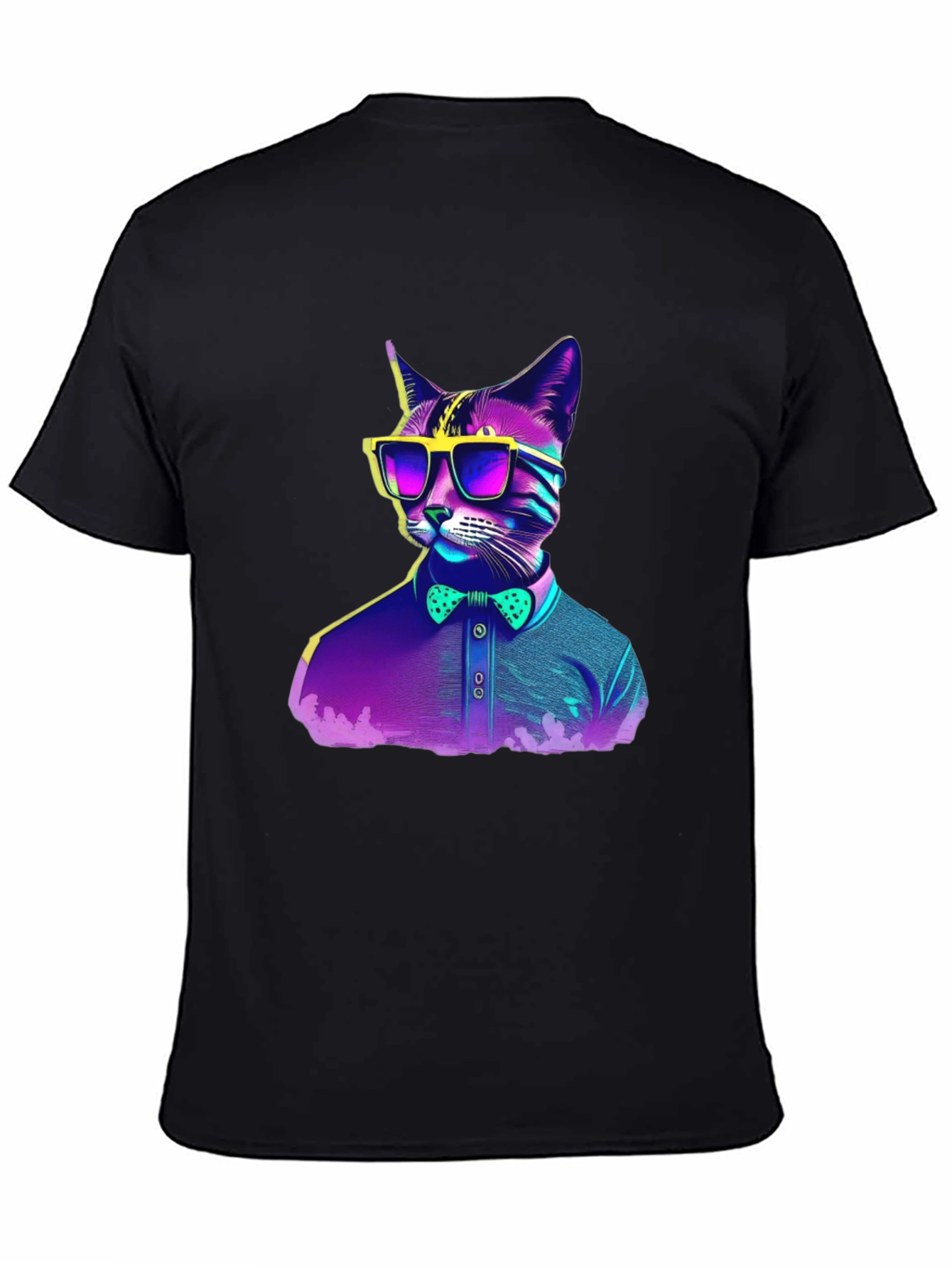 Black Hipster Cat T-Shirt - Cool Neon Design view 4