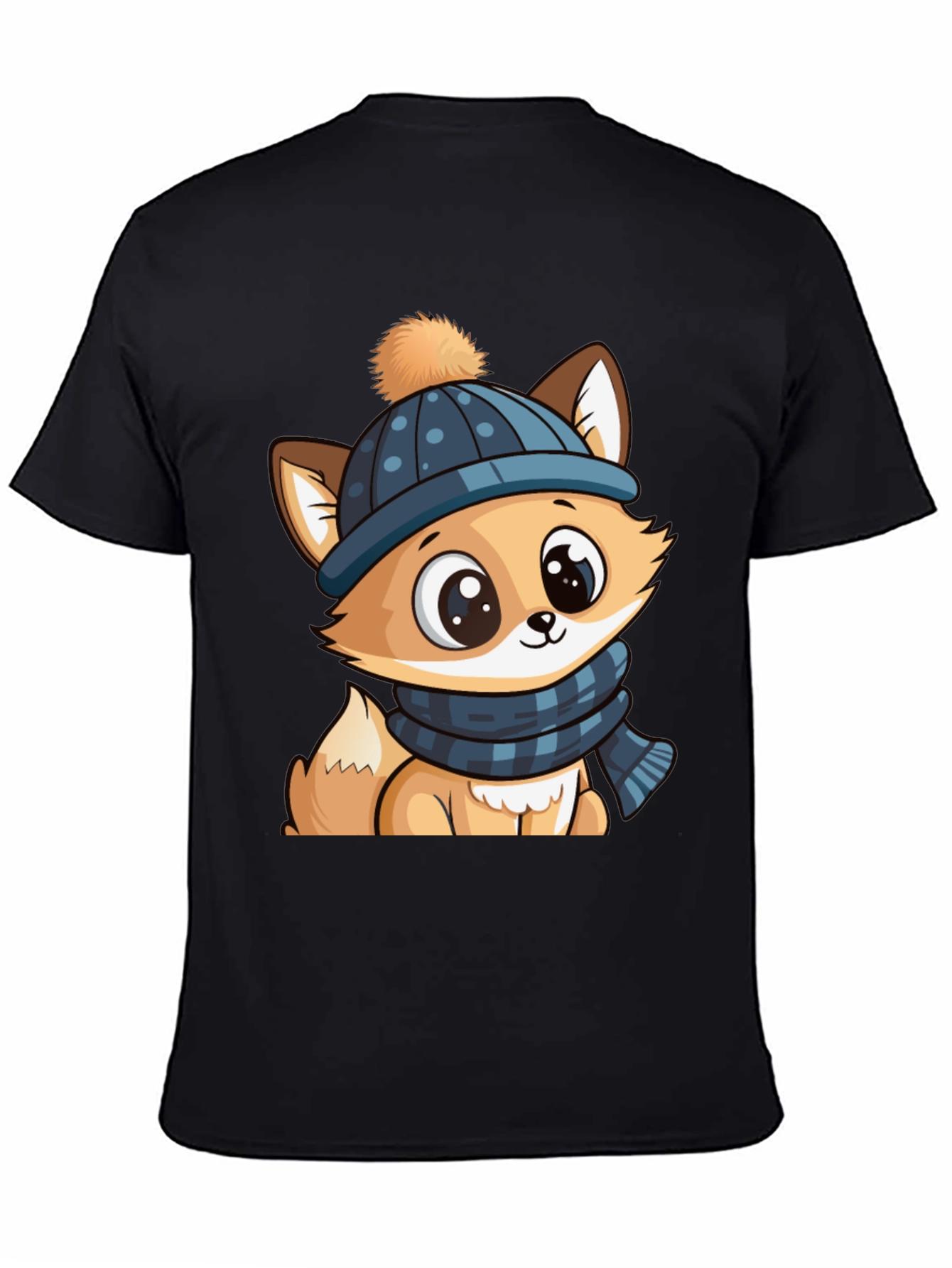 Black Cute Cartoon Fox with Winter Hat Graphic Tee view 4