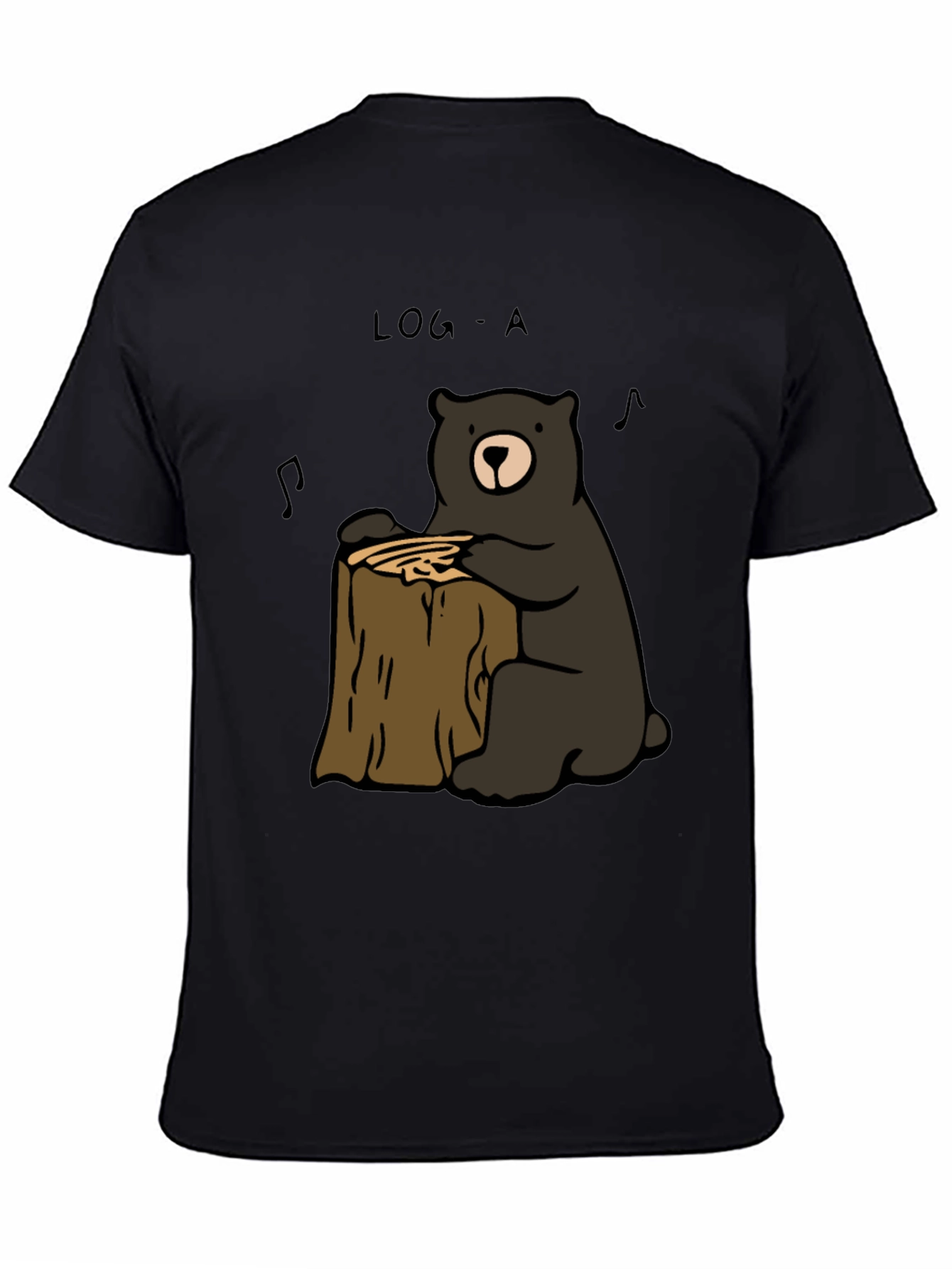 Black Log-A Bear T-Shirt - Music Loving Bear on Wood Stump view 4