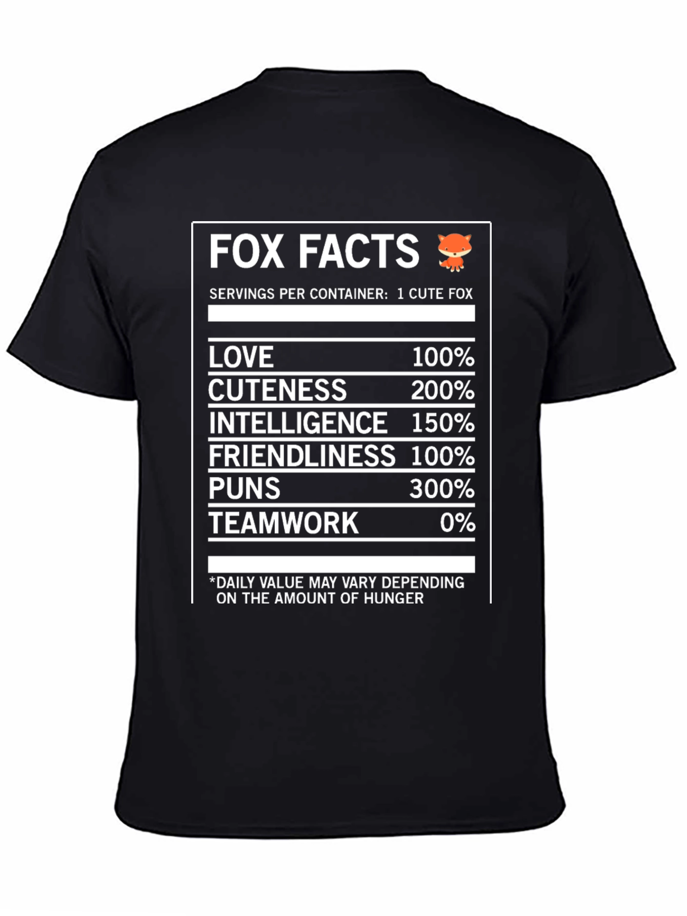 Black Fox Facts Nutrition T-Shirt - Love, Cuteness & Intelligence view 4