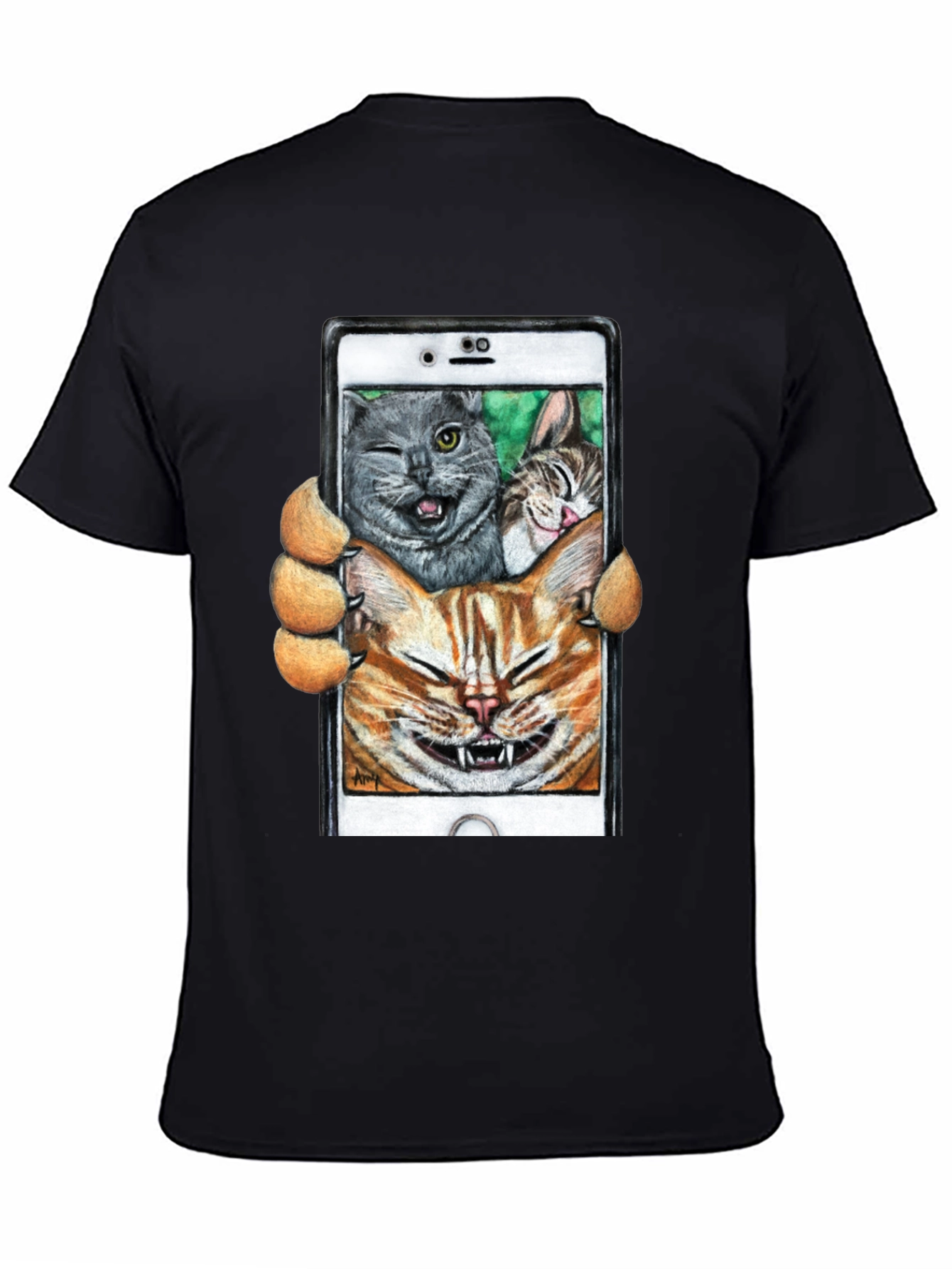 Black Funny Cat Selfie T-Shirt view 4