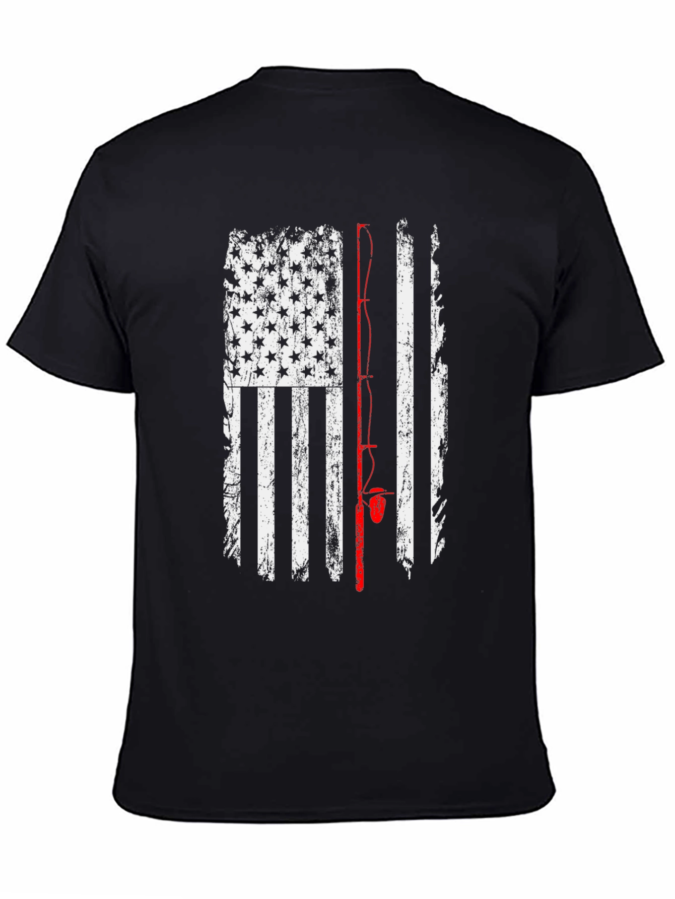 Black American Flag Fishing Rod T-Shirt - Patriotic Angler Tee view 4