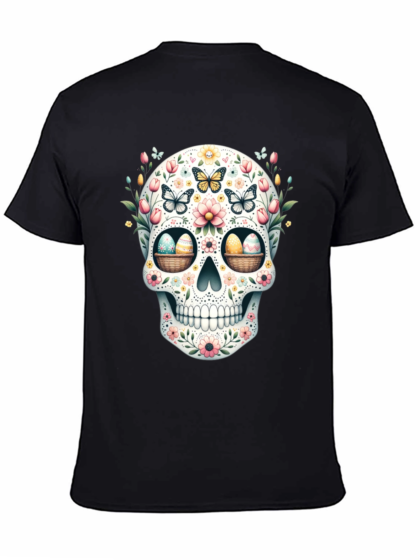 Black Floral Skull Easter Egg T-Shirt view 4