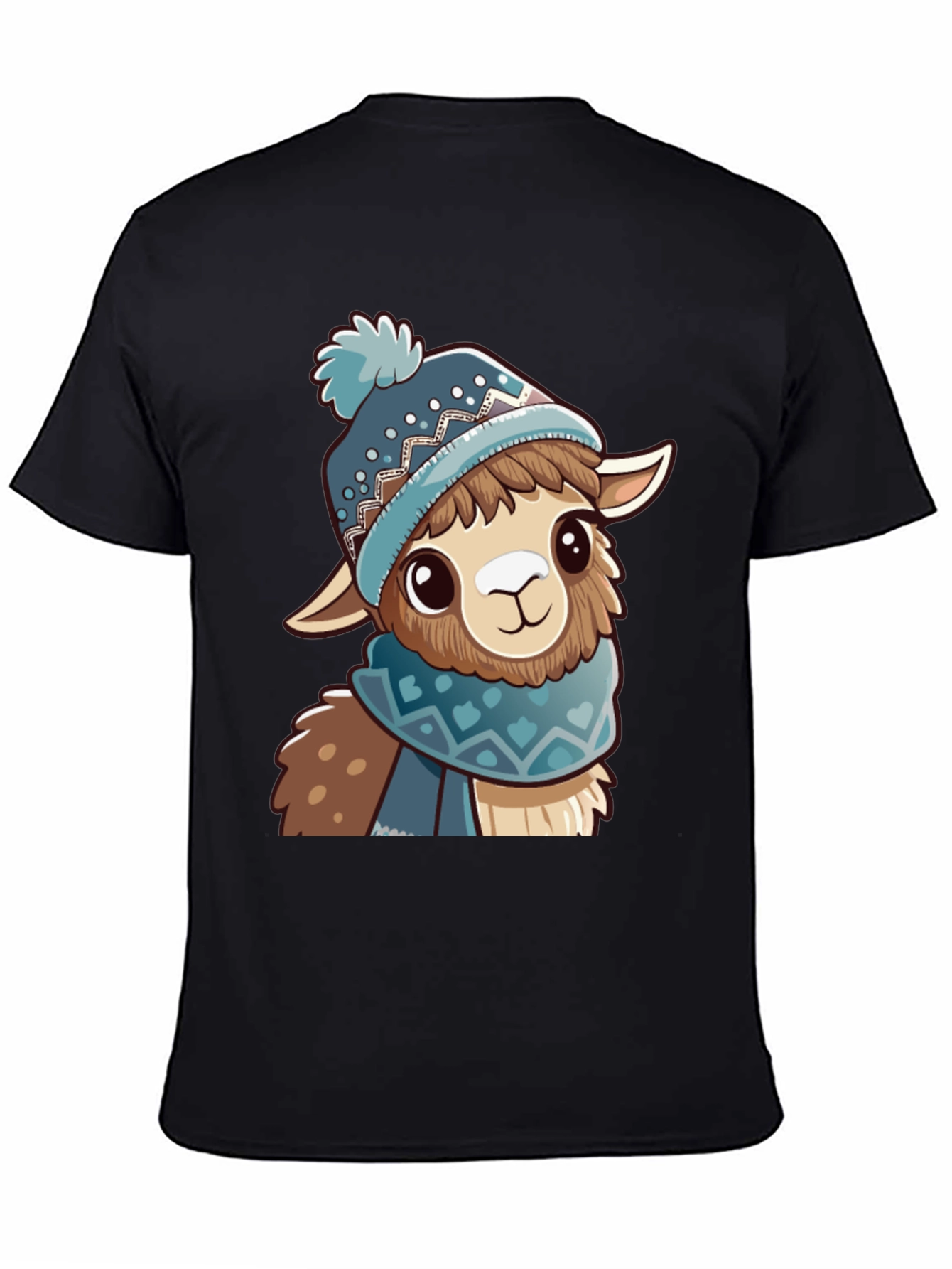 Black Cute Llama in Winter Hat Black T-Shirt view 4