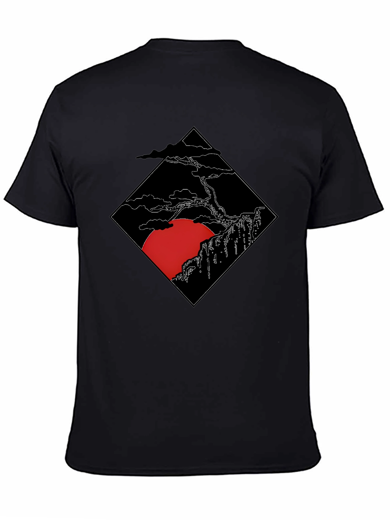 Black Men's Black T-Shirt with Japanese Sunset Design view 4