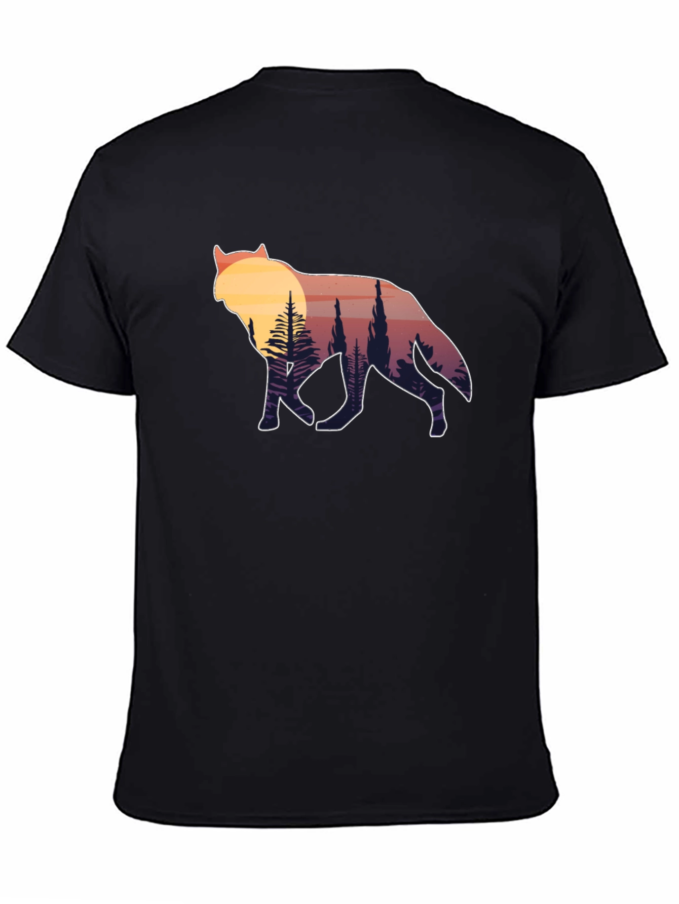 Black Wolf Silhouette Graphic Tee - Sunset Forest Design view 4