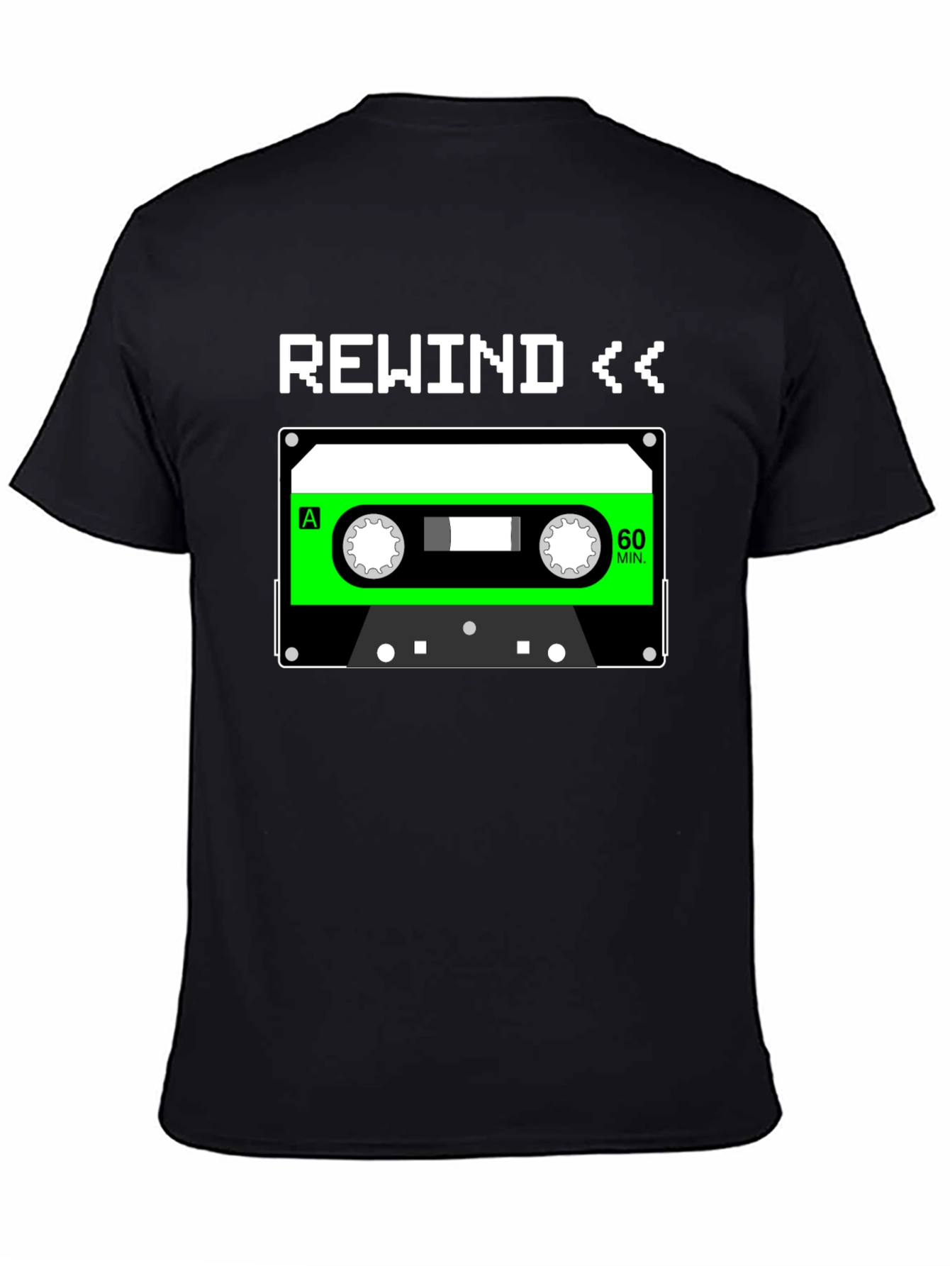 Black Retro Rewind Cassette Tape Graphic Tee - 80s Nostalgia T-Shirt view 4