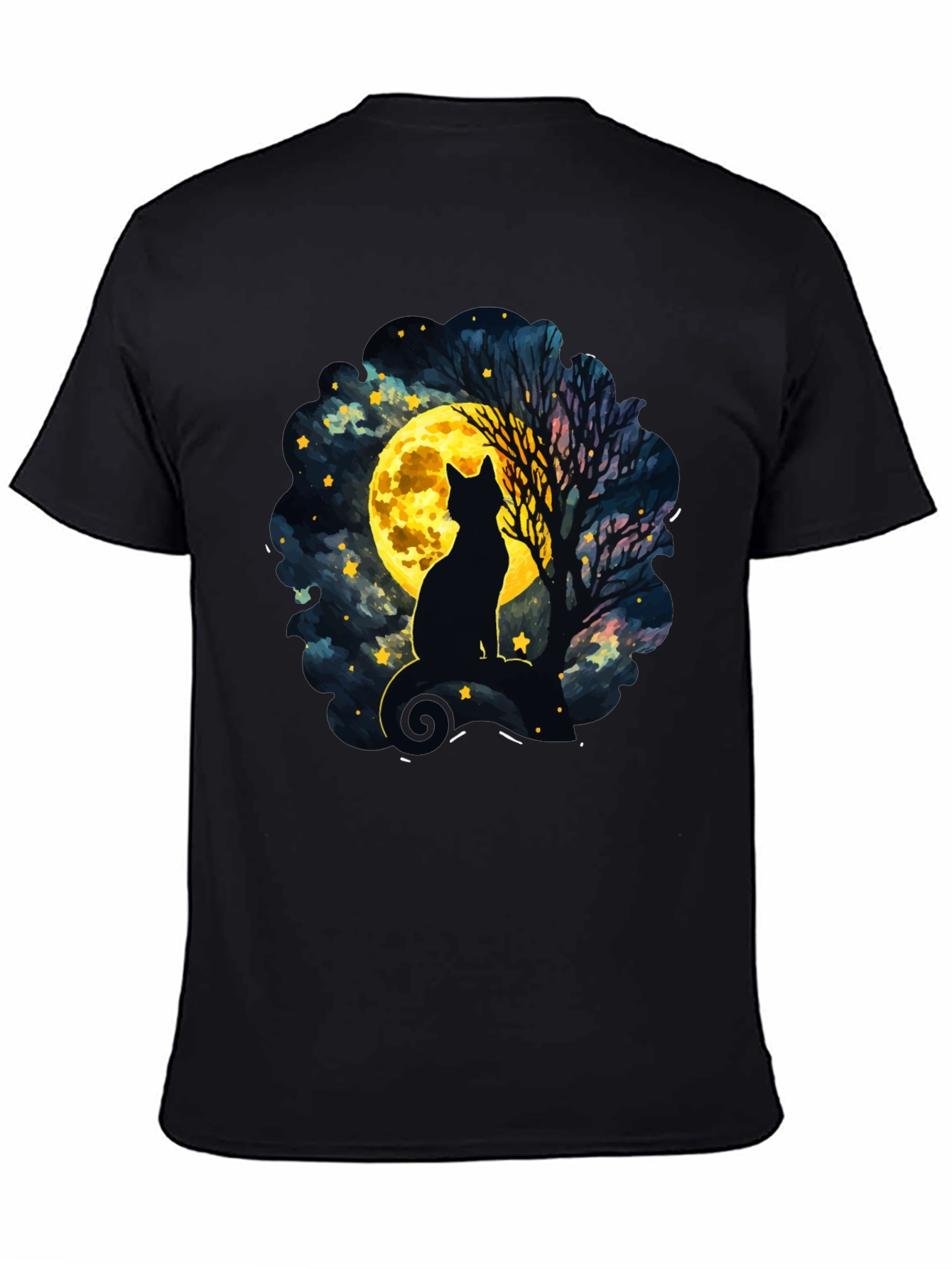 Black Moonlit Cat T-Shirt - Whimsical Night Sky Design view 4
