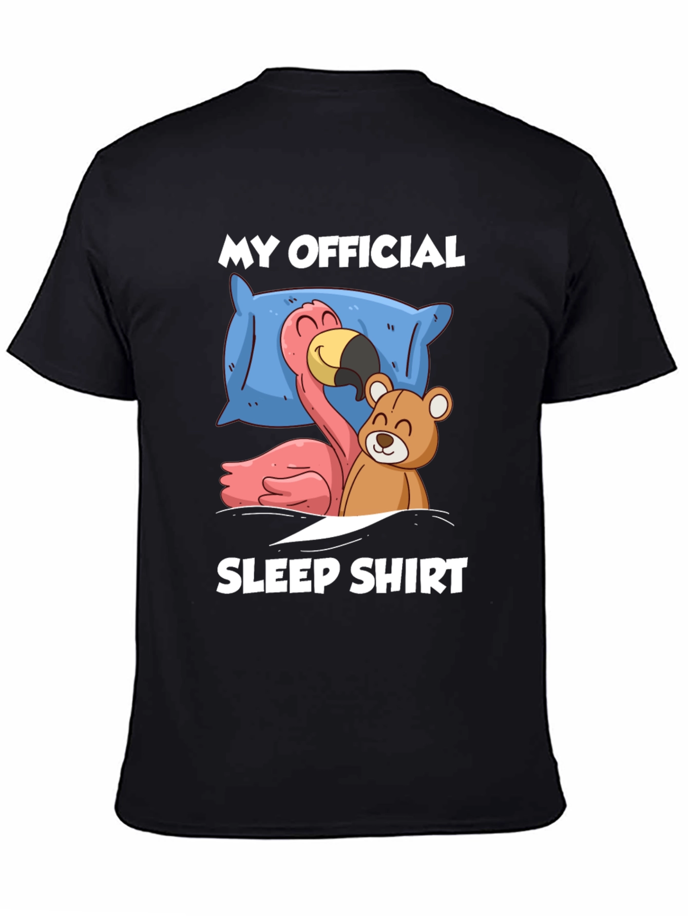 Black Funny Sleep Shirt: Flamingo & Teddy Bear Graphic Tee view 4