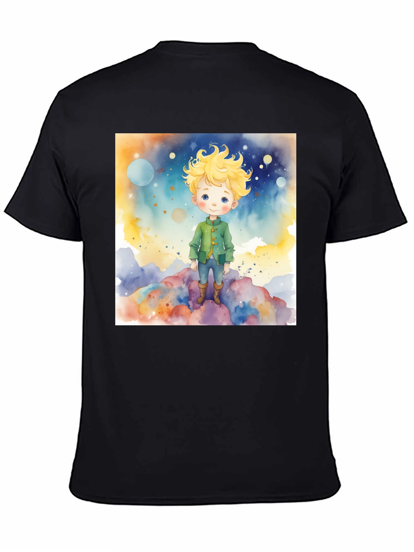 Black Little Prince Watercolor Graphic Tee - Soft Cotton Blend view 4