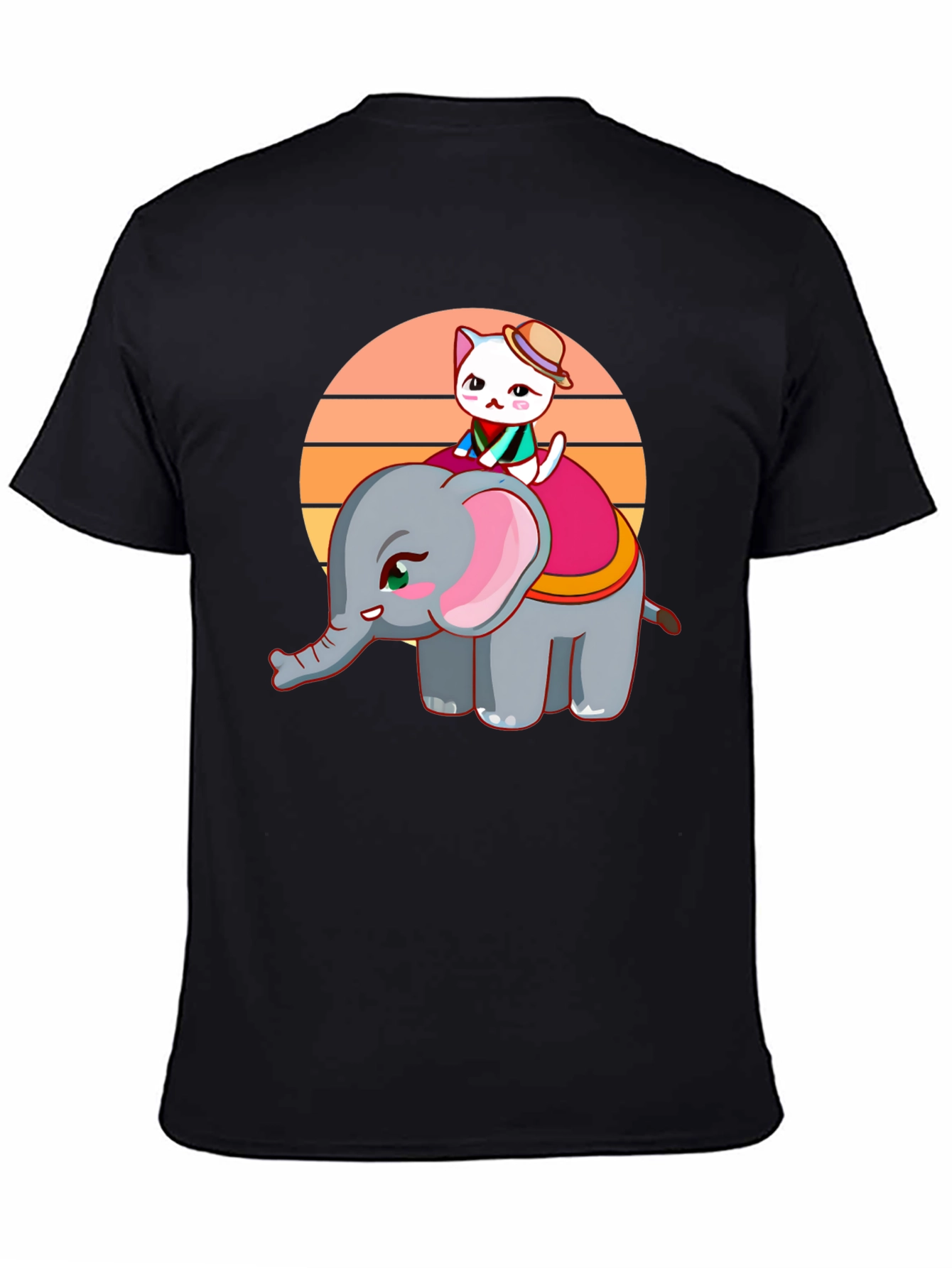 Black Cute Cartoon Elephant and Cat Graphic Tee view 4