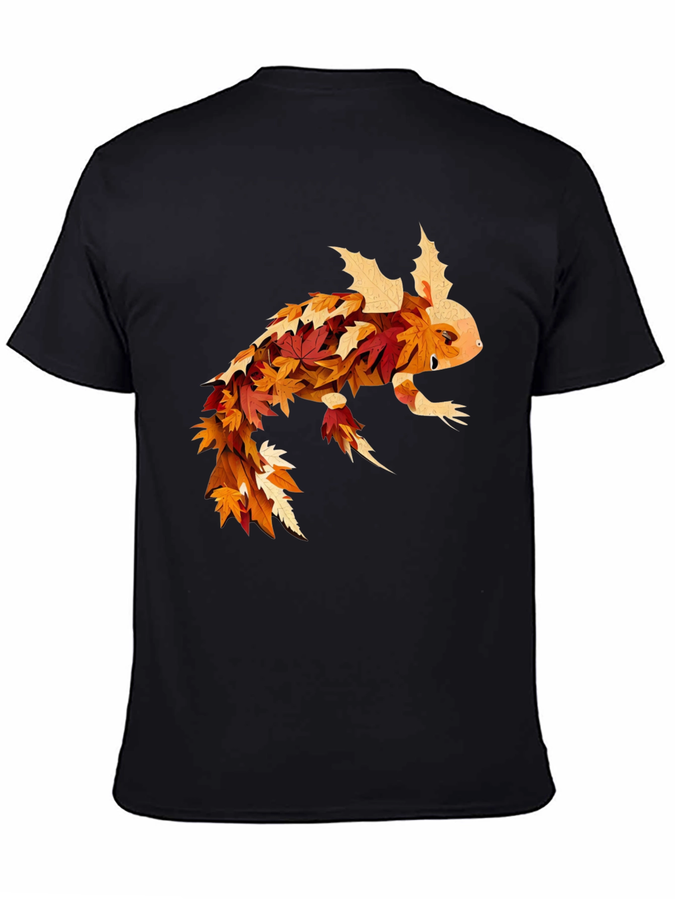 Black Fall Axolotl T-Shirt - Autumn Leaf Design view 4
